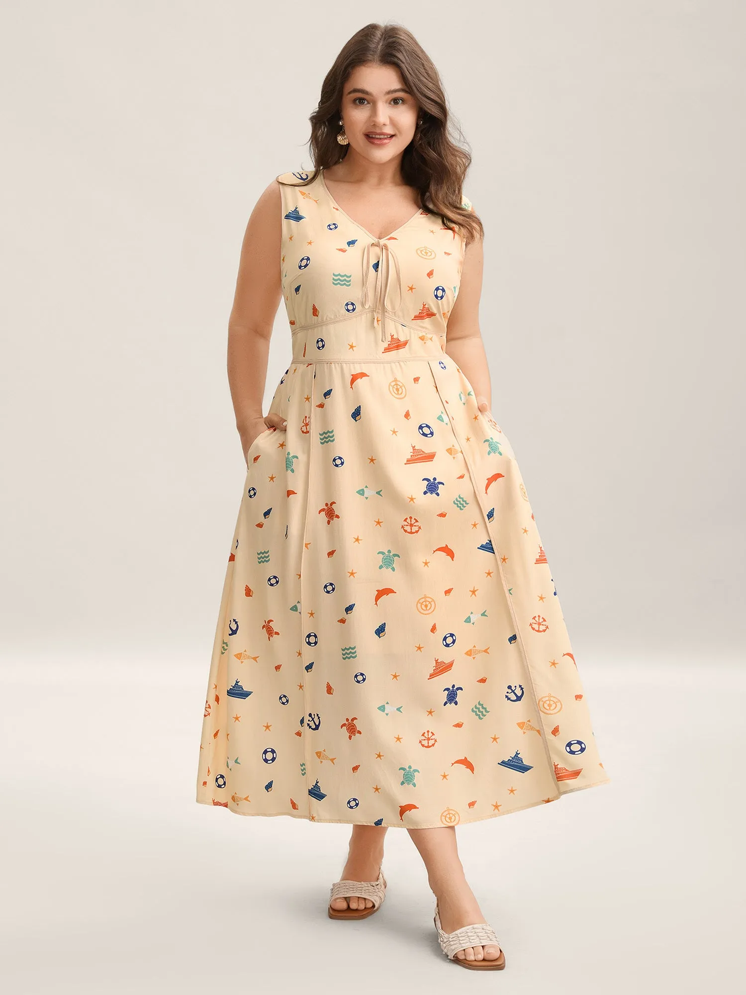 Rayon Ocean Print Cinched Waist Midi Dress sold by Bloomchic
