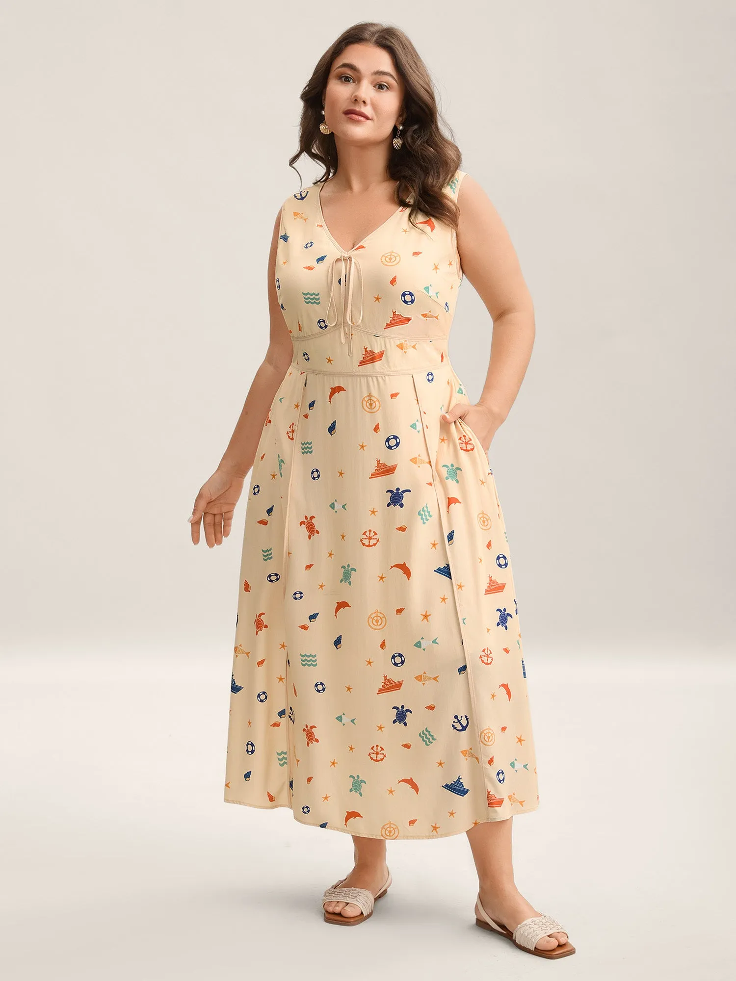 Rayon Ocean Print Cinched Waist Midi Dress sold by Bloomchic product image thumbnail 3