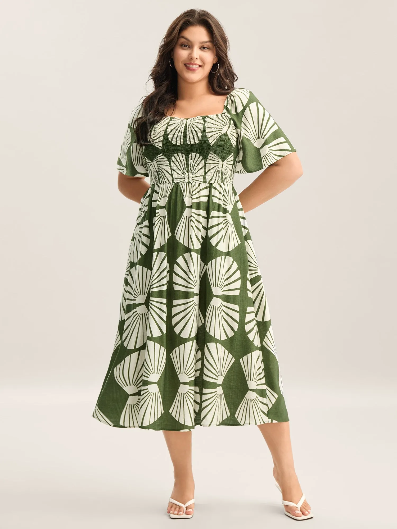 Geometric Print Square Neck Cinched Midi Dress sold by Bloomchic