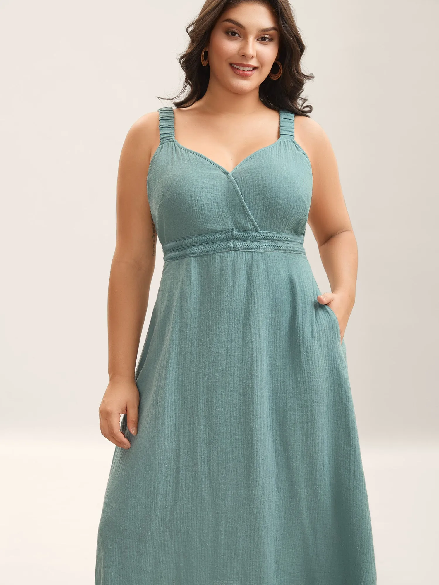 Cotton Textured Cinched-Waist A-Line Midi Dress sold by Bloomchic