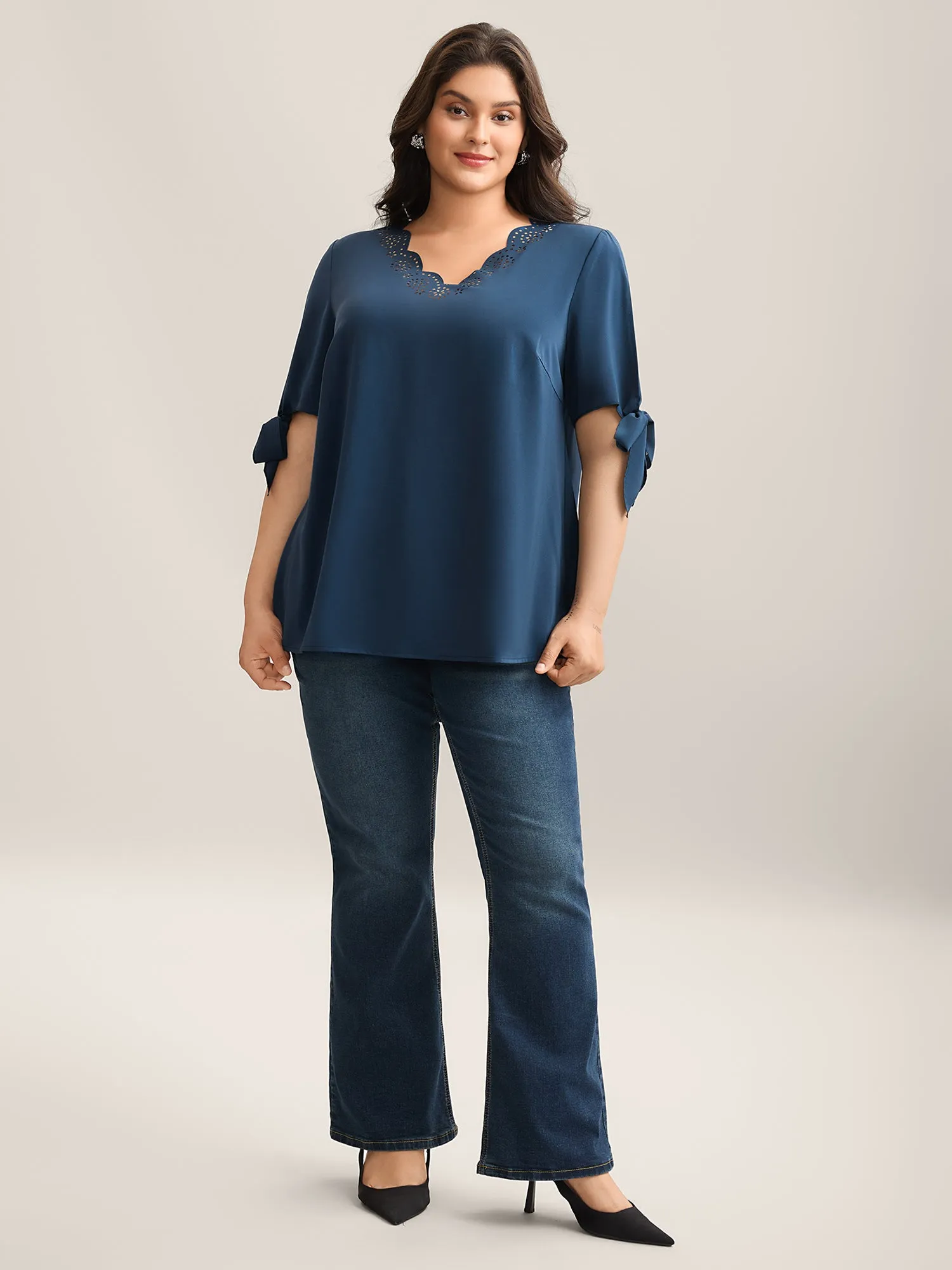 Laser Cut Neckline Knotted Sleeve Blouse sold by Bloomchic product image thumbnail 3