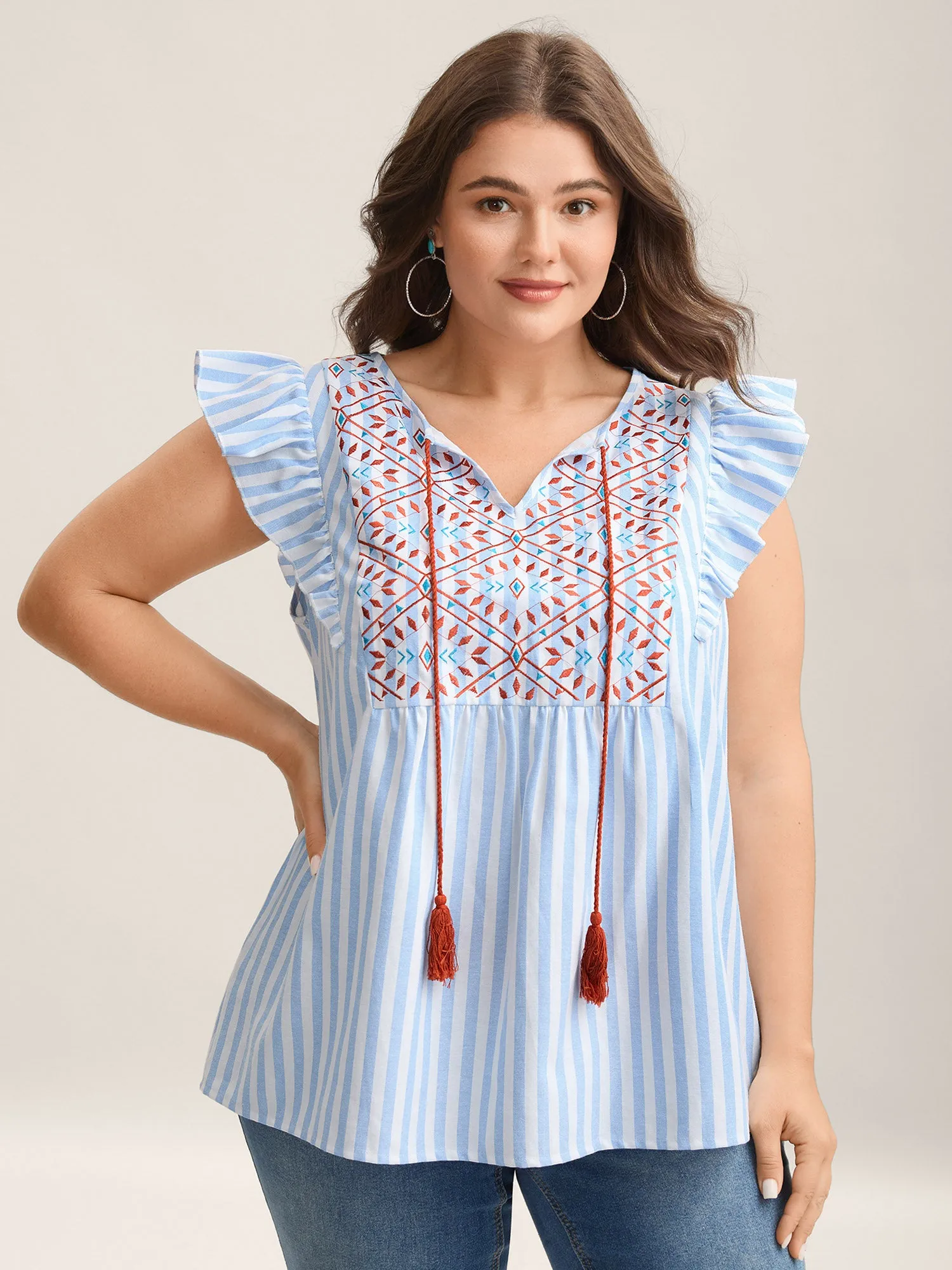 Embroidered Stripe Neck Tie Blouse sold by Bloomchic