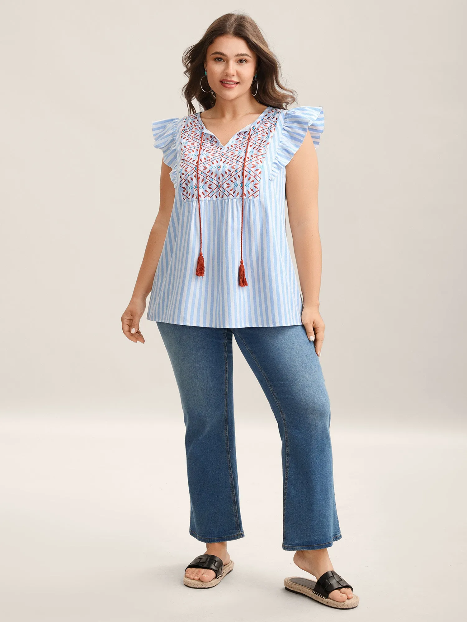 Embroidered Stripe Neck Tie Blouse sold by Bloomchic product image thumbnail 3