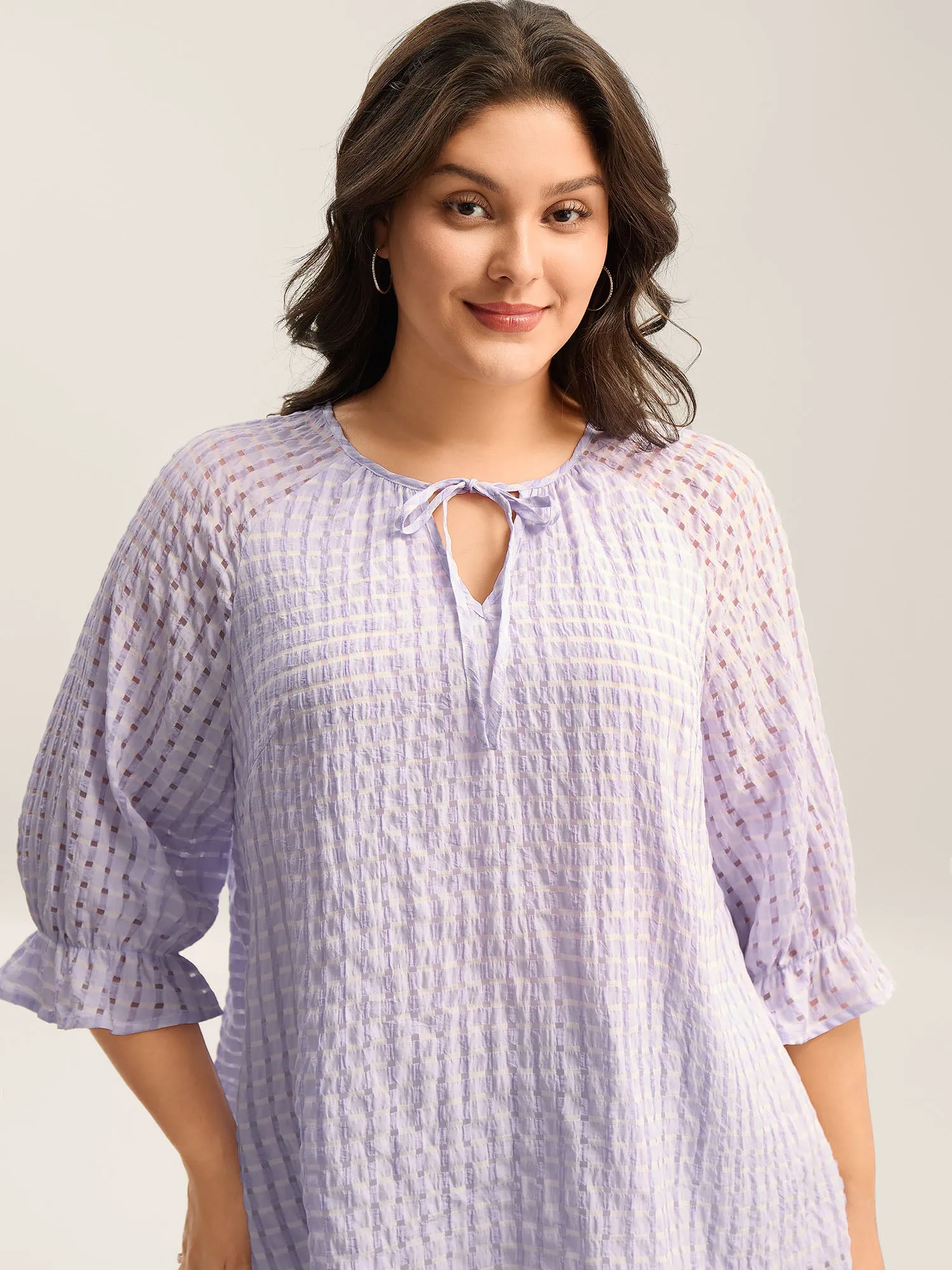 Grid Textured Keyhole Tie Blouse sold by Bloomchic