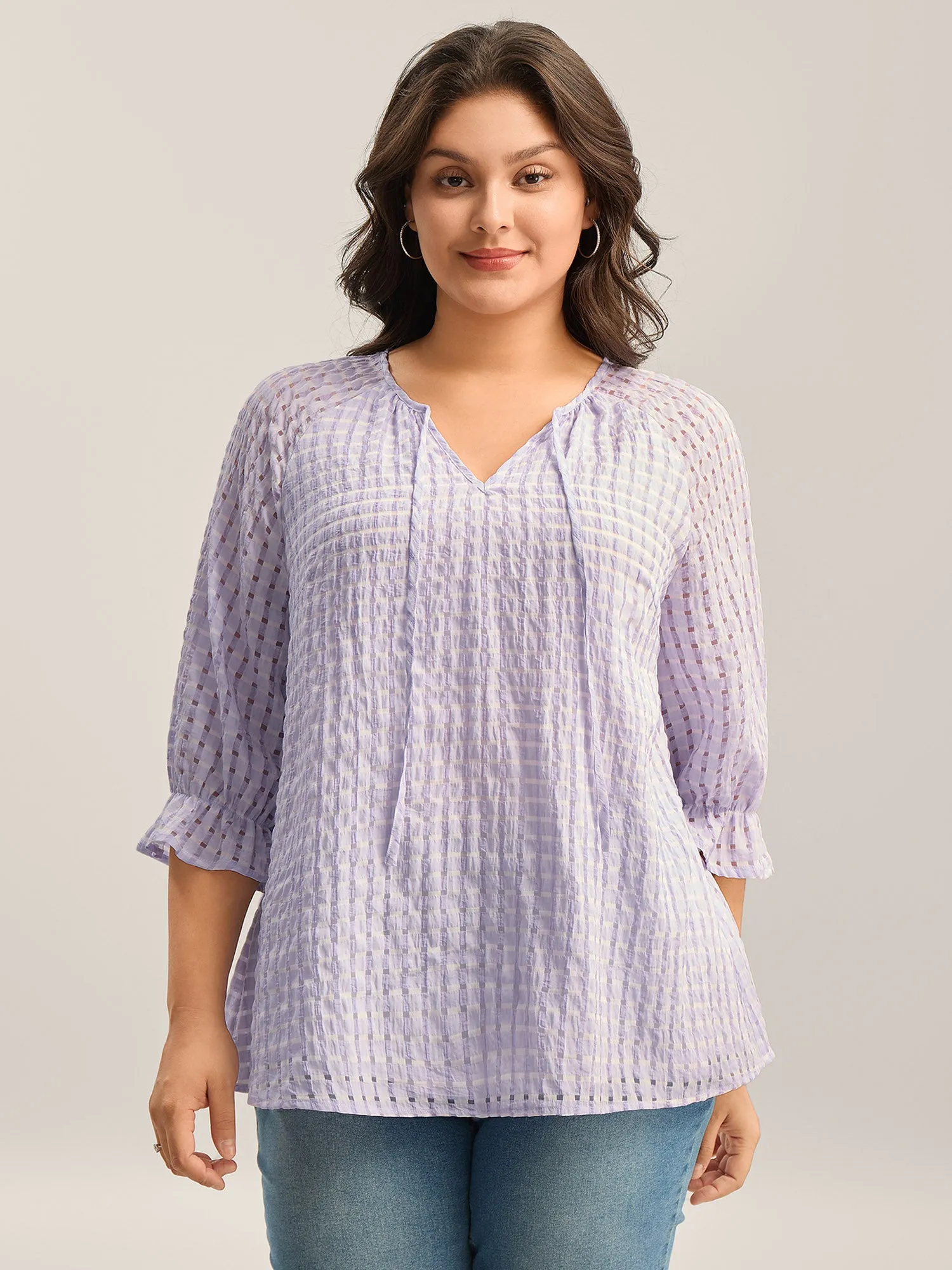 Grid Textured Keyhole Tie Blouse sold by Bloomchic product image thumbnail 2