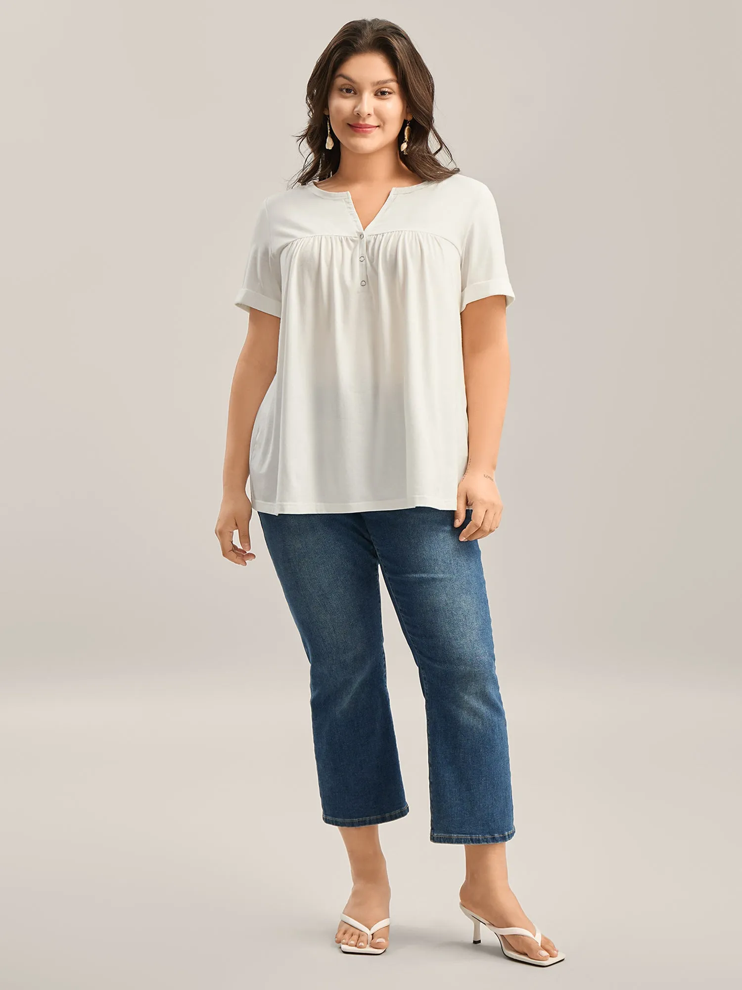 Button Placket Split Neck Pleated T-Shirt sold by Bloomchic product image thumbnail 3
