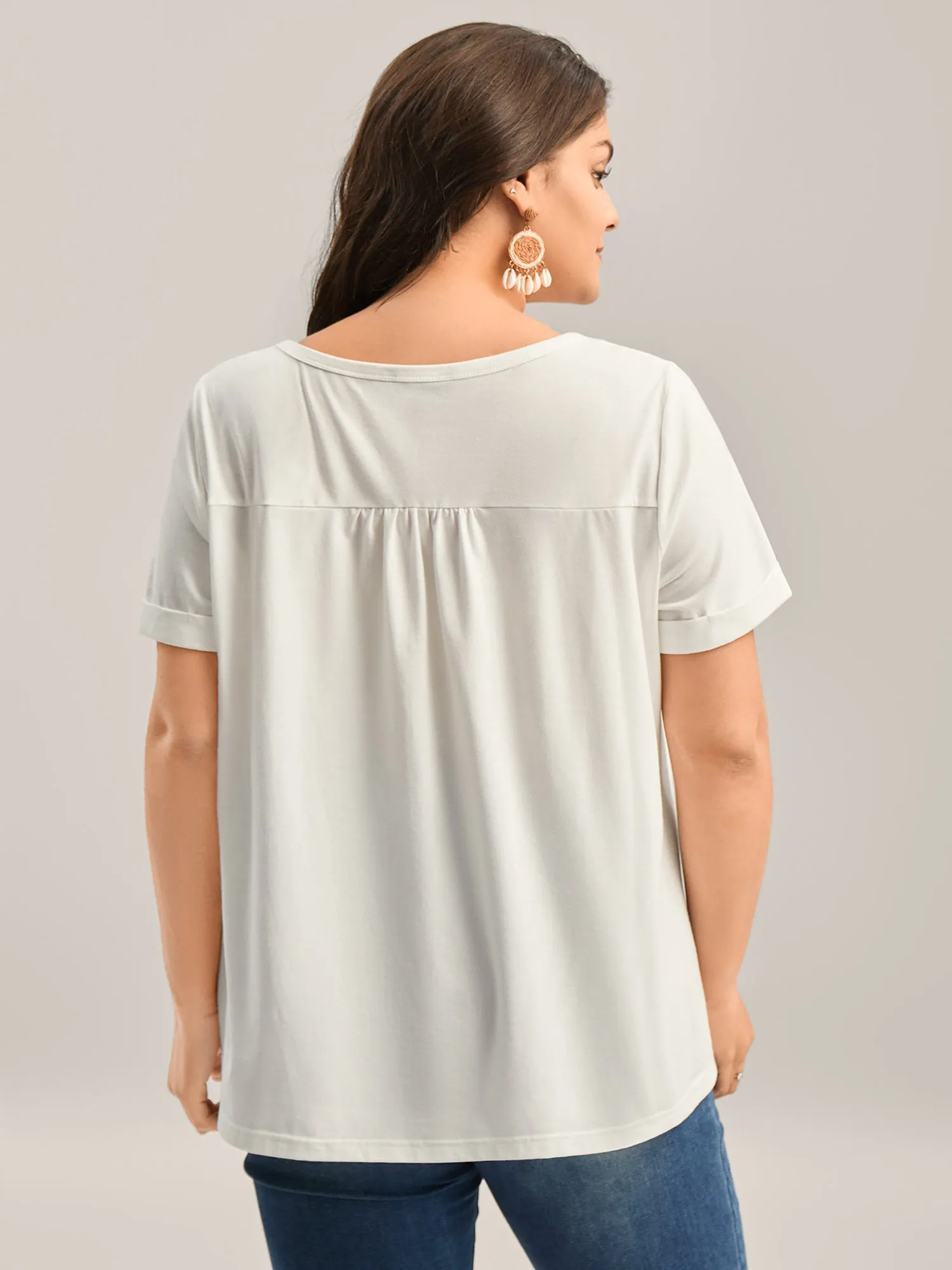 Button Placket Split Neck Pleated T-Shirt sold by Bloomchic product image thumbnail 5