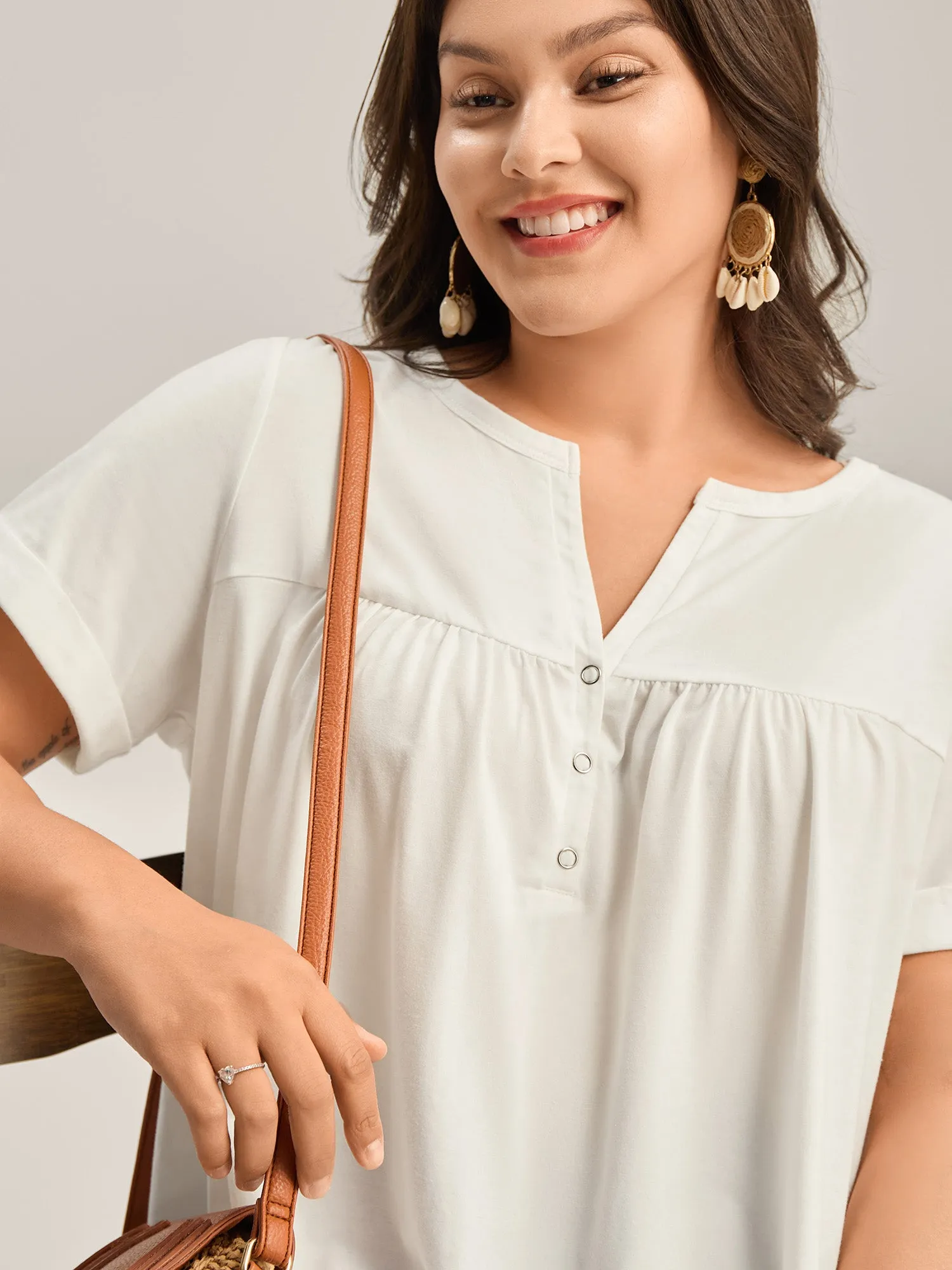 Button Placket Split Neck Pleated T-Shirt sold by Bloomchic product image thumbnail 2