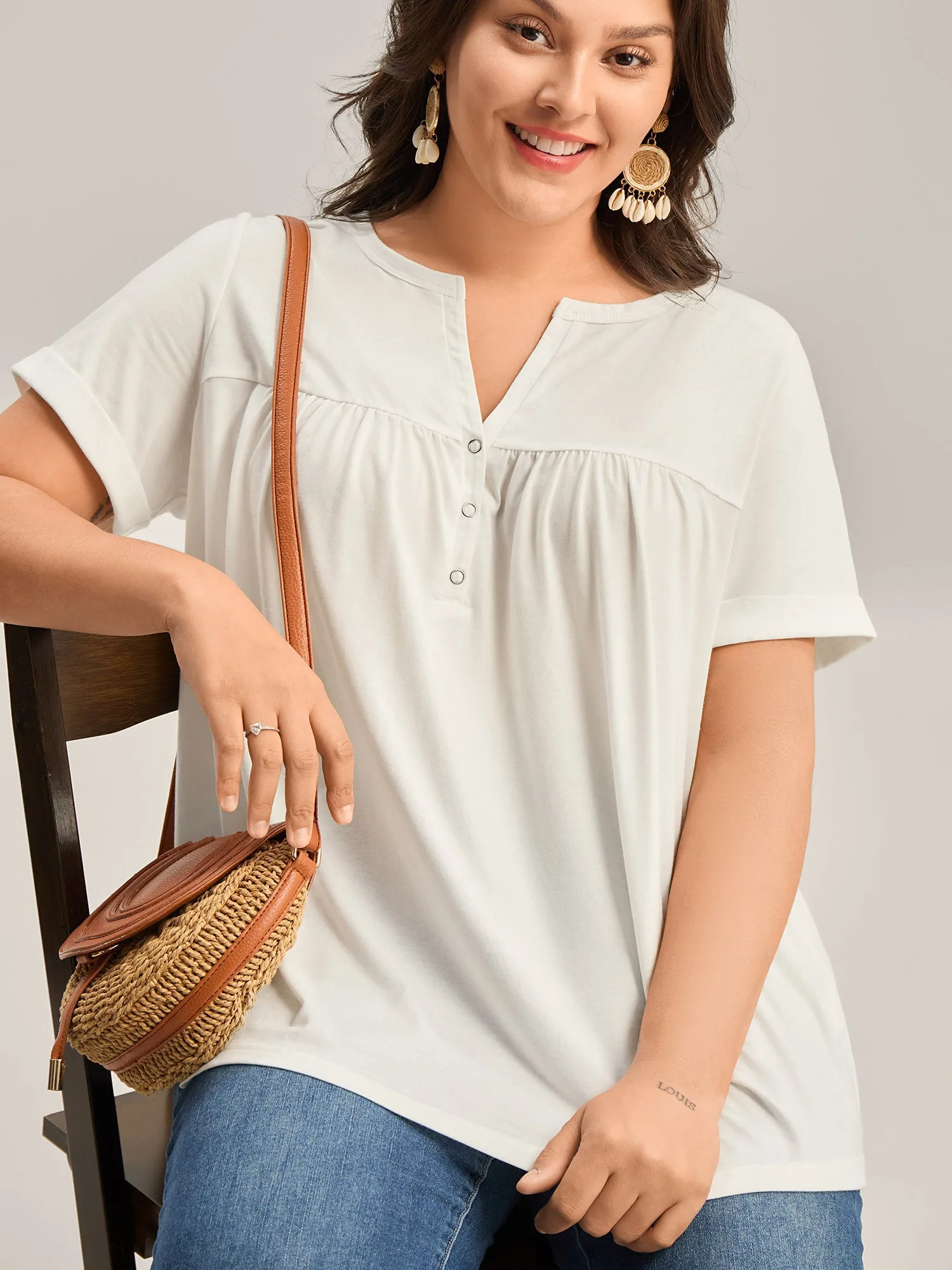 Button Placket Split Neck Pleated T-Shirt sold by Bloomchic