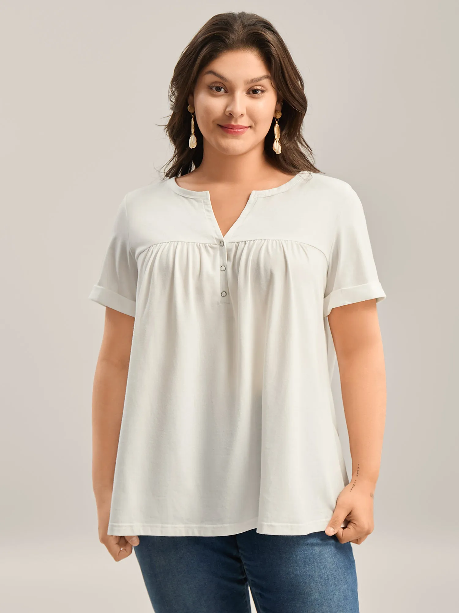 Button Placket Split Neck Pleated T-Shirt sold by Bloomchic product image thumbnail 4