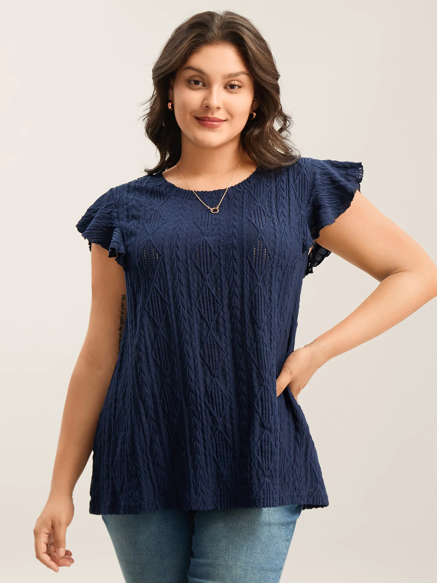Textured Solid Flutter Sleeve Plain Top sold by Bloomchic