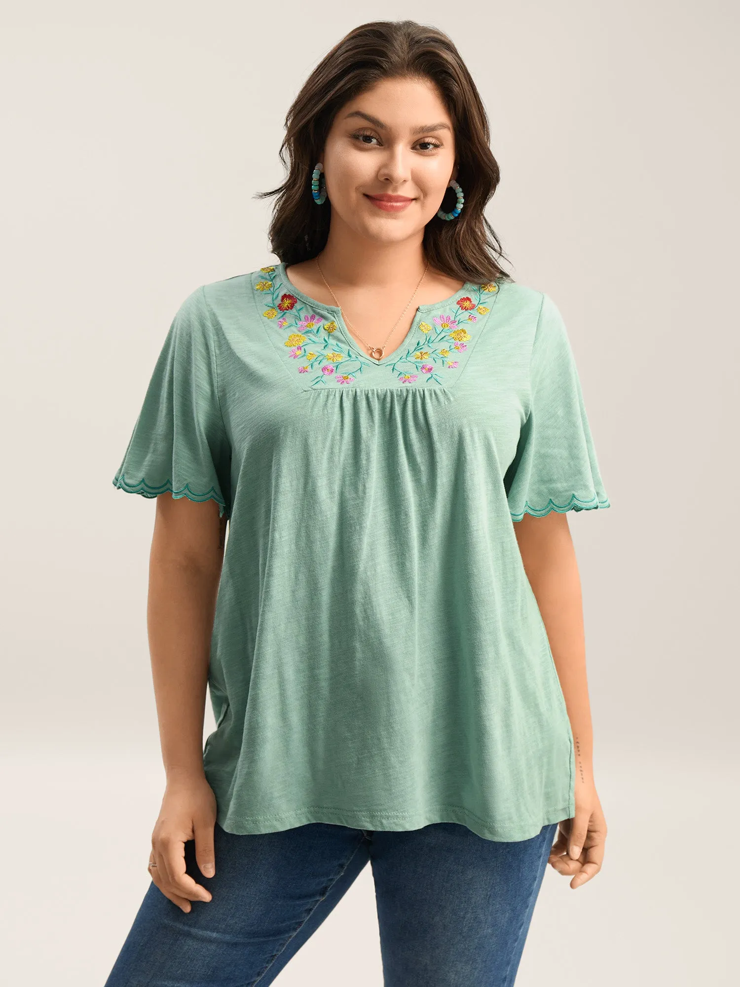 Pure Cotton Embroidered Pleated T-Shirt sold by Bloomchic