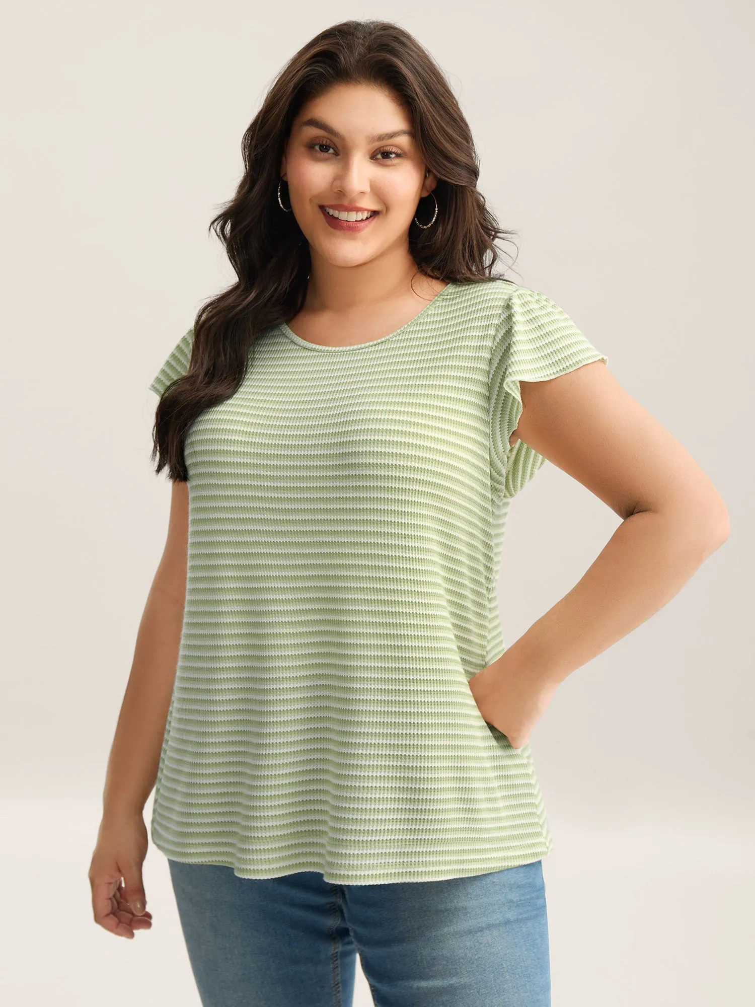 Striped Flutter Sleeve Knit Top sold by Bloomchic