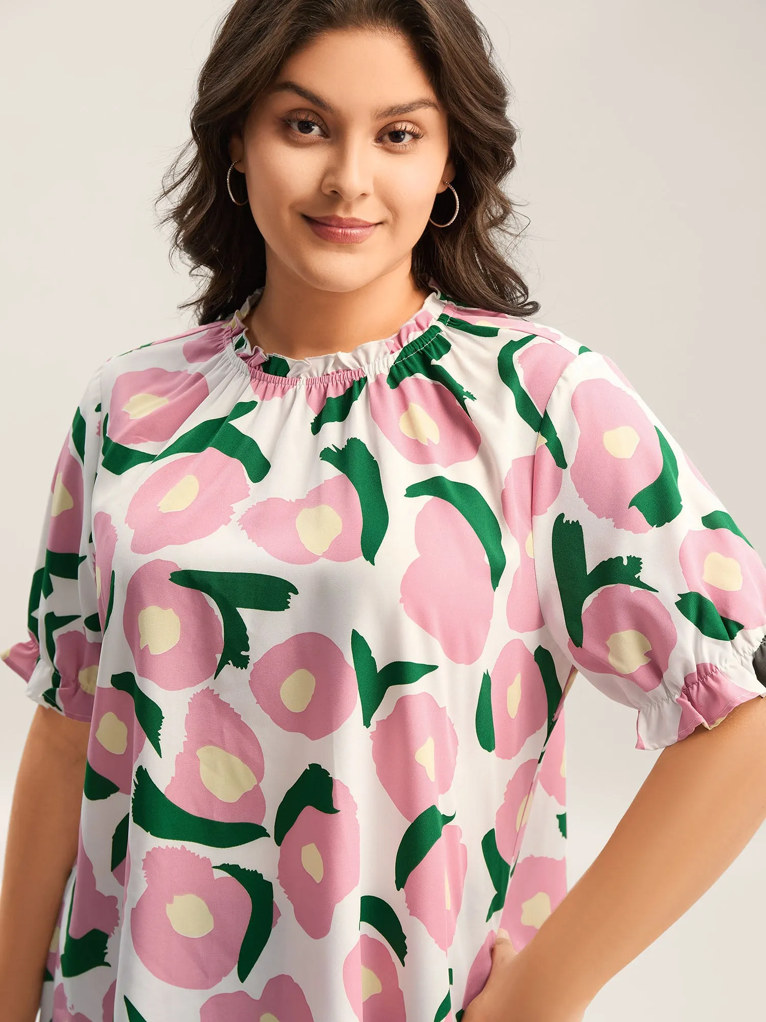Floral Print Ruffled Neck Puffy Sleeve Blouse sold by Bloomchic product image thumbnail 2
