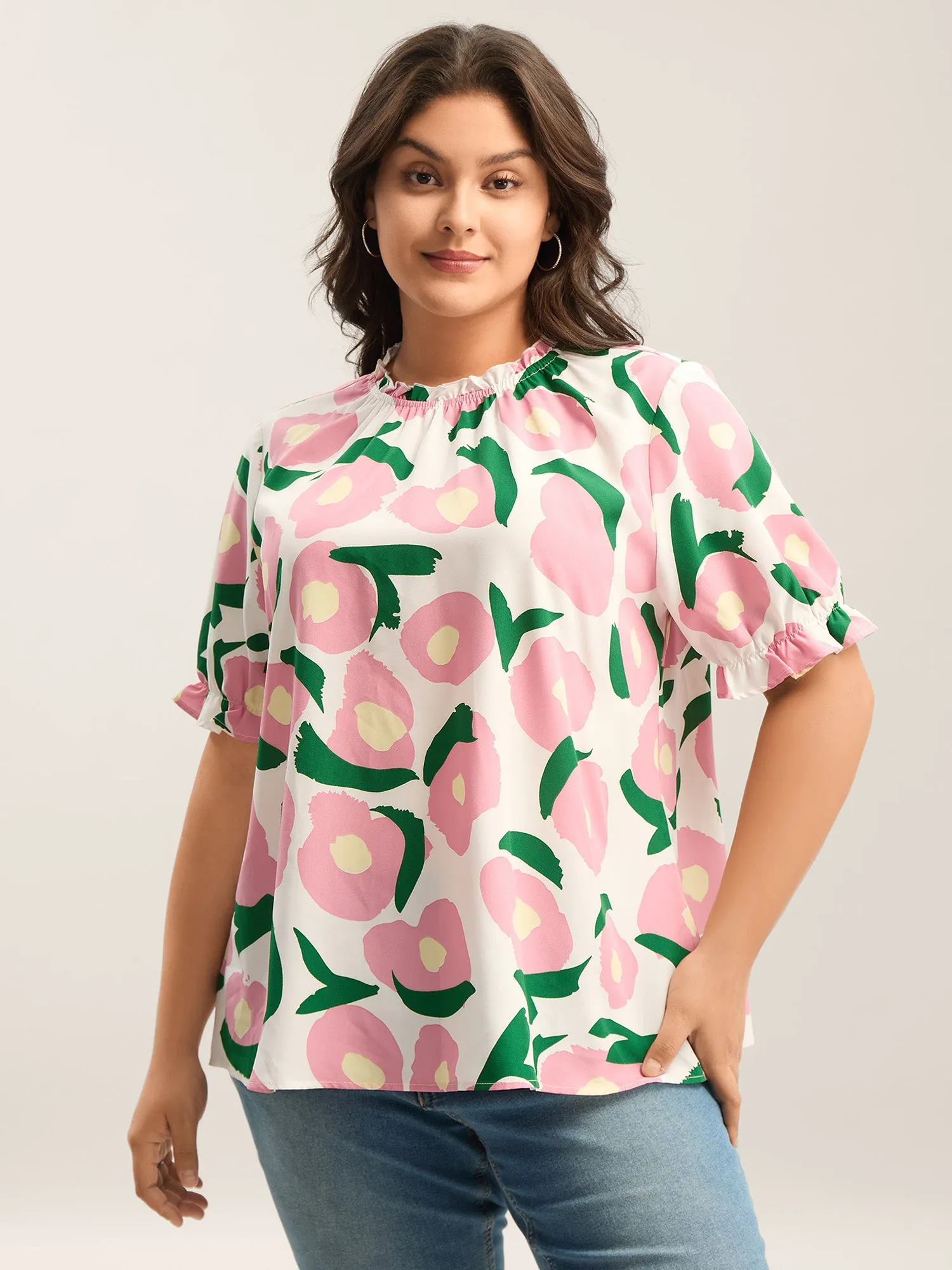 Floral Print Ruffled Neck Puffy Sleeve Blouse sold by Bloomchic