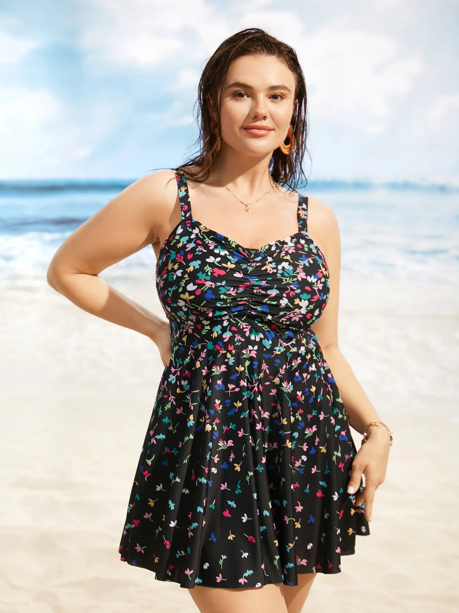 Contrast Floral Heart Neckline Ruched Swim Dress sold by Bloomchic