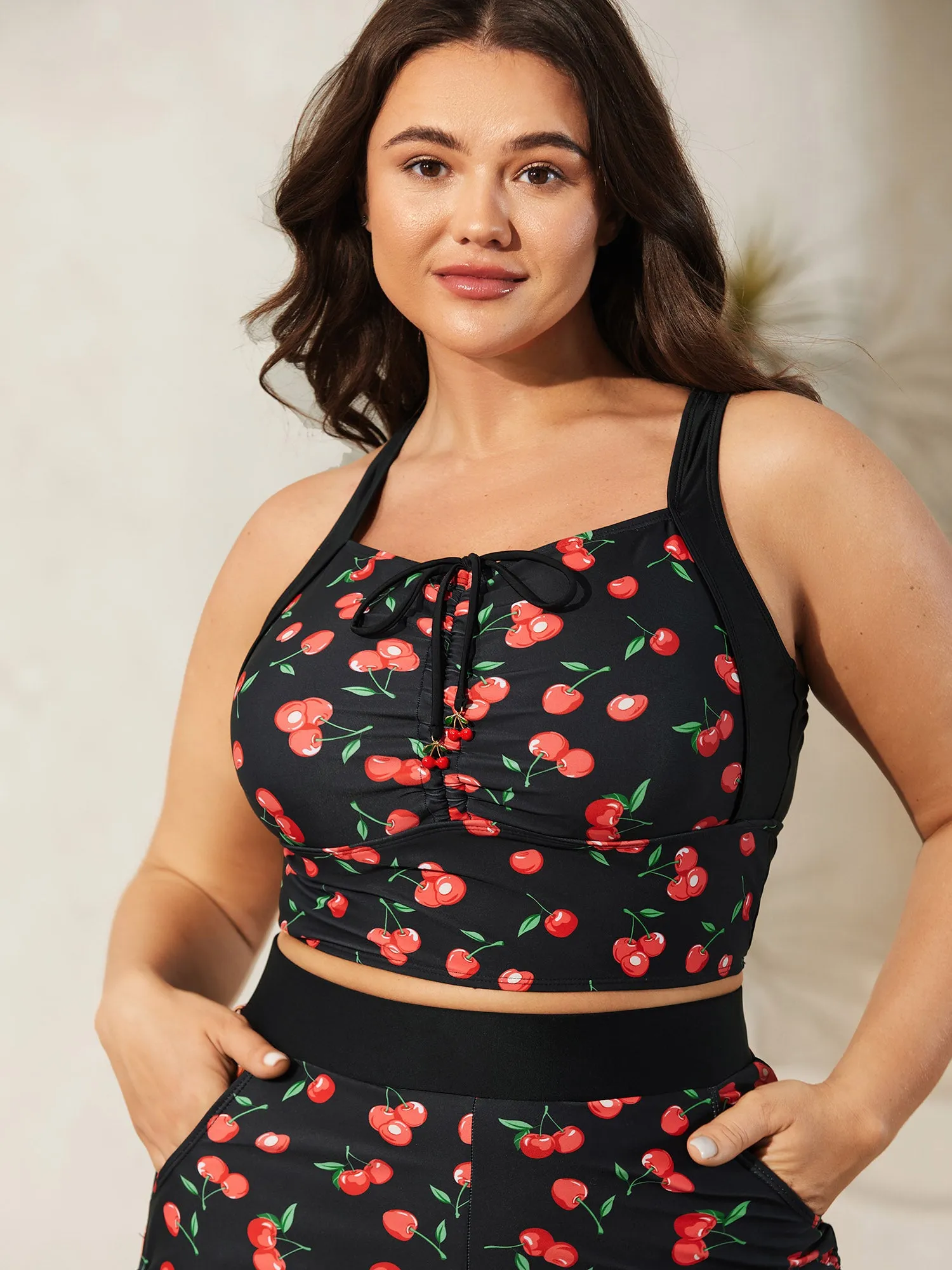 Cherry Print Ruched Drawstring Swim Top sold by Bloomchic
