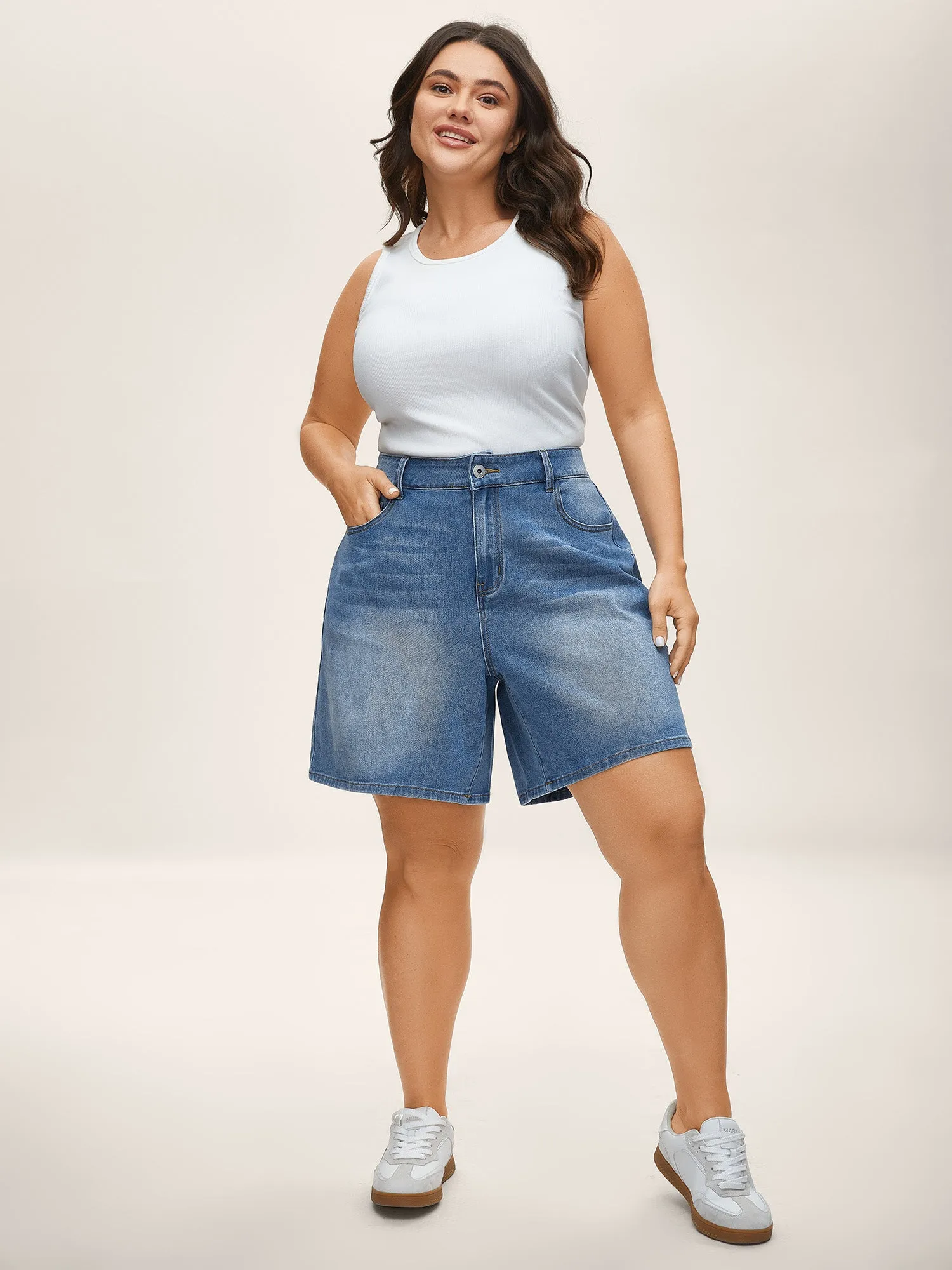 Whiskered Wash Wide-Leg Denim Shorts sold by Bloomchic product image thumbnail 4