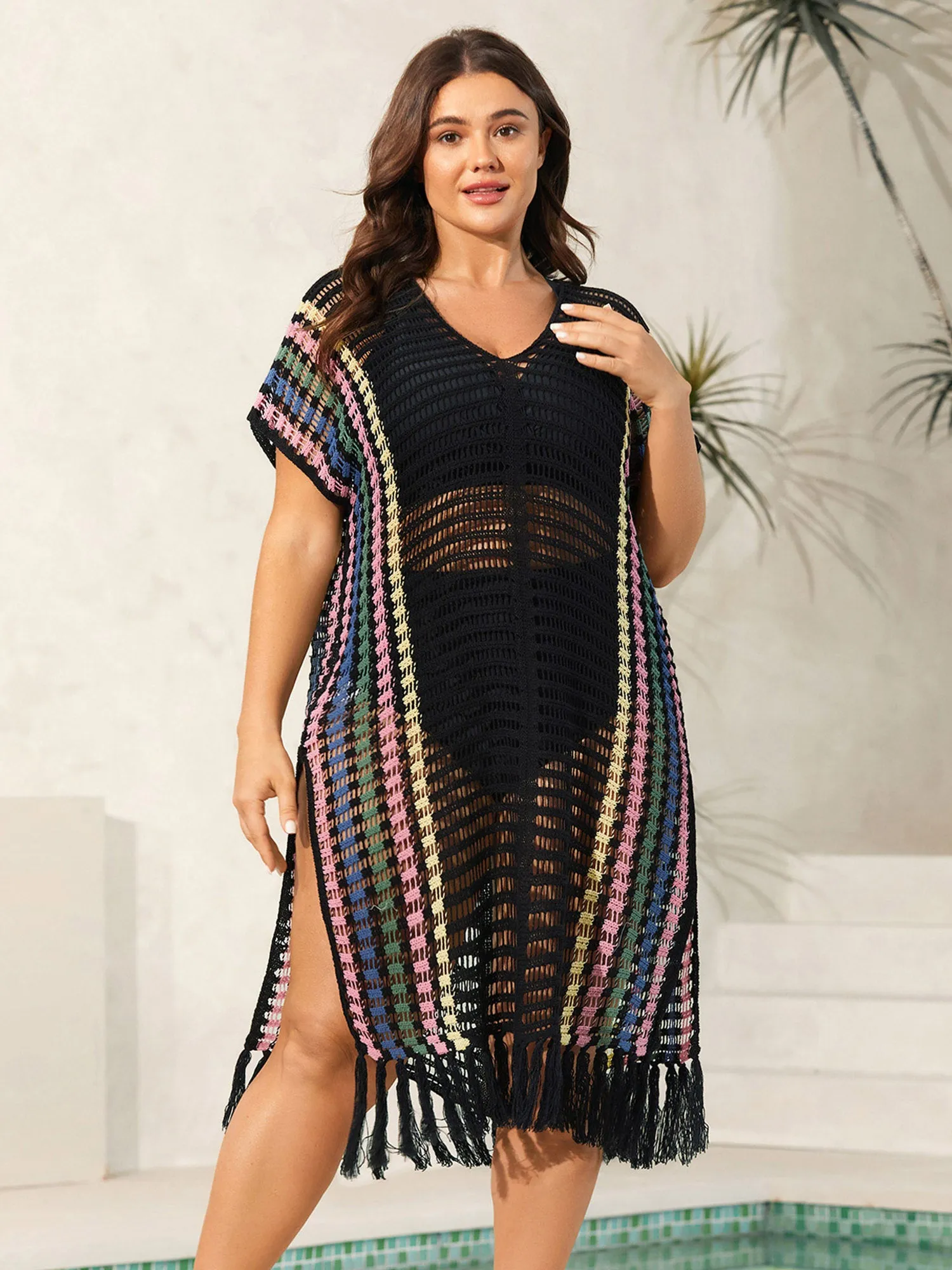 Colorful Stripes Cut-Out Tassel Swim Cover-Up sold by Bloomchic