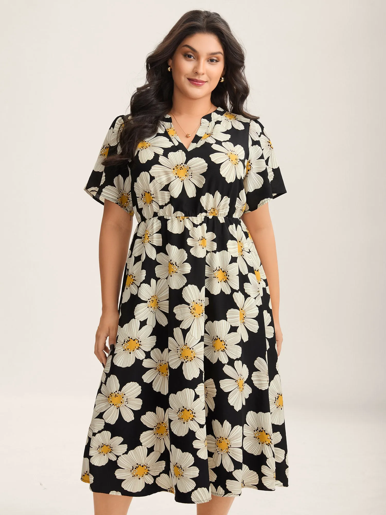 Large Floral Print Notched Collar Midi Dress sold by Bloomchic