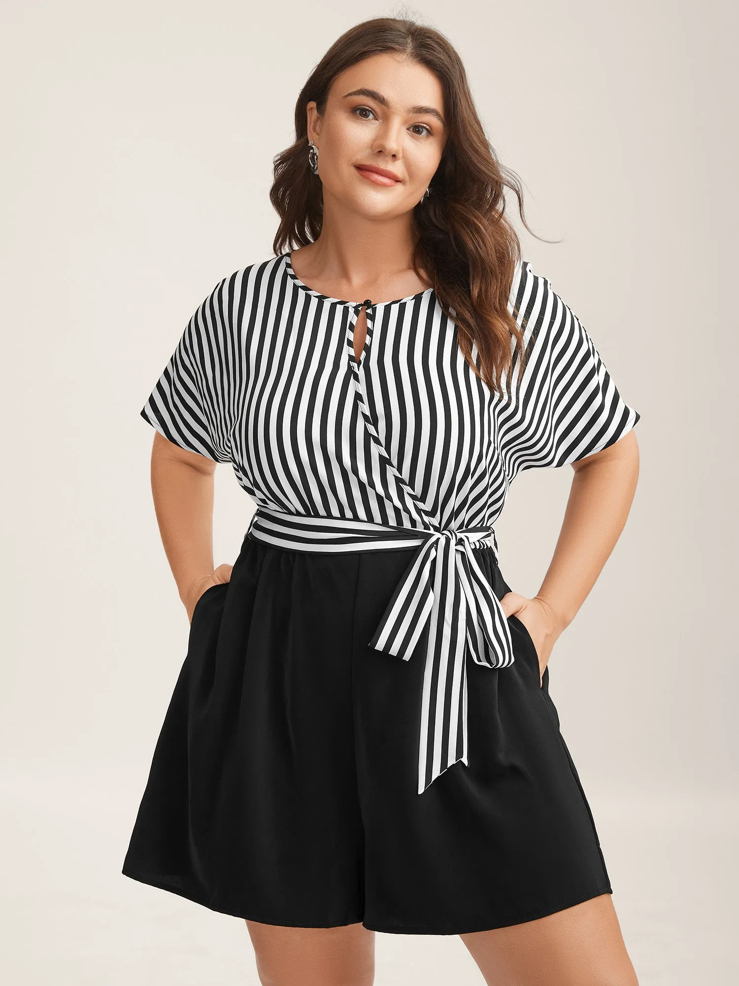 Stripe Print Belted Pockets Romper sold by Bloomchic