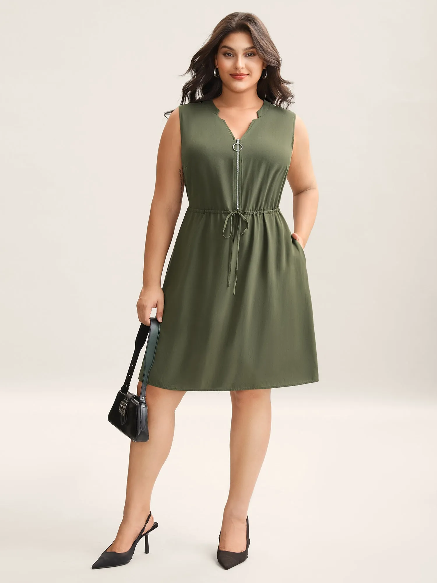 Rayon Zipper Front Waist-Tie Midi Dress sold by Bloomchic product image thumbnail 3