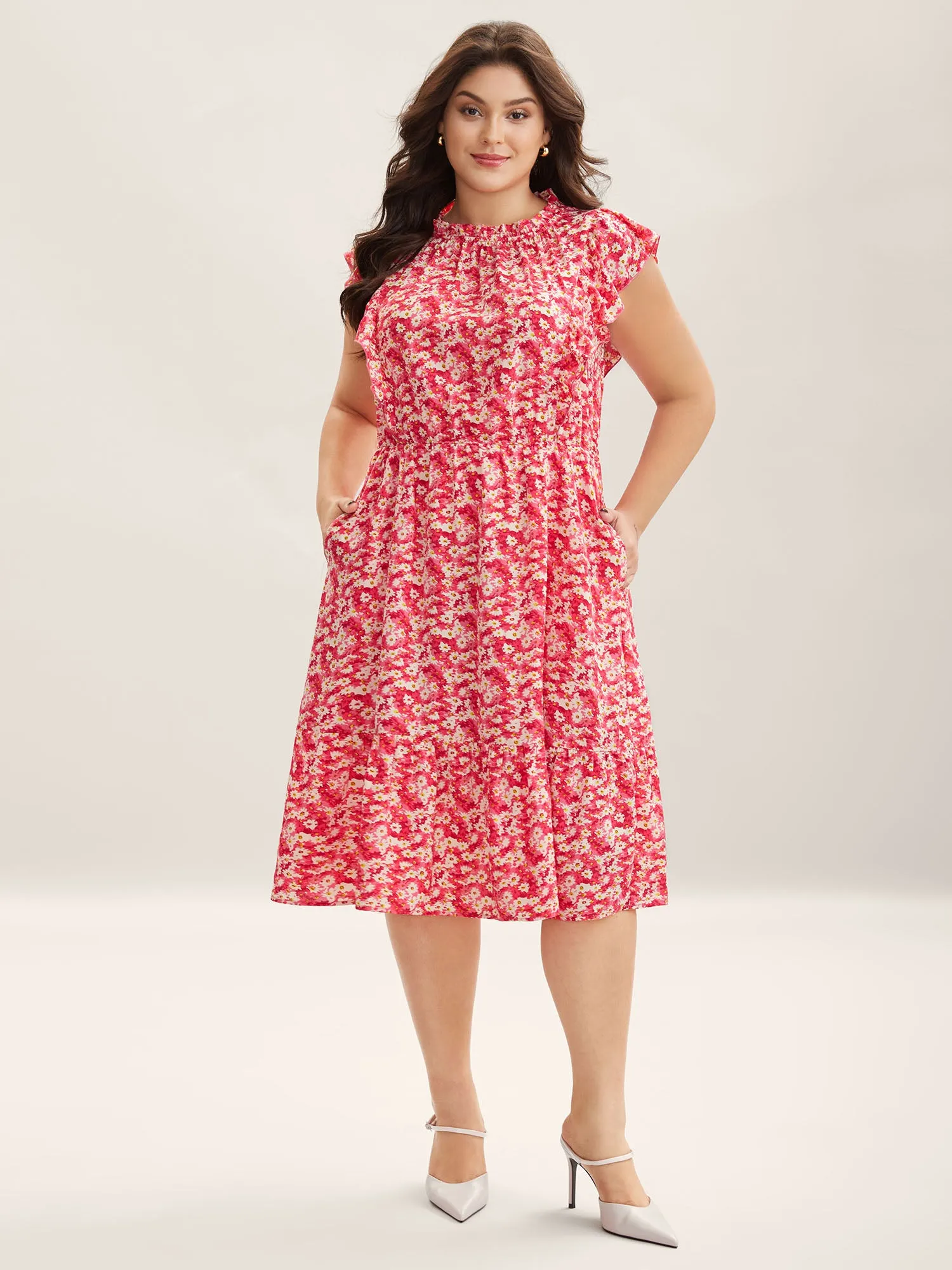 Ruffled Neck Floral Print Tiered Midi Dress sold by Bloomchic product image thumbnail 3
