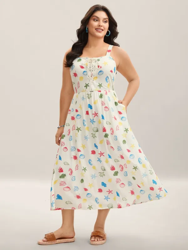 Ocean Print Adjustable Straps Pockets Midi Dress sold by Bloomchic