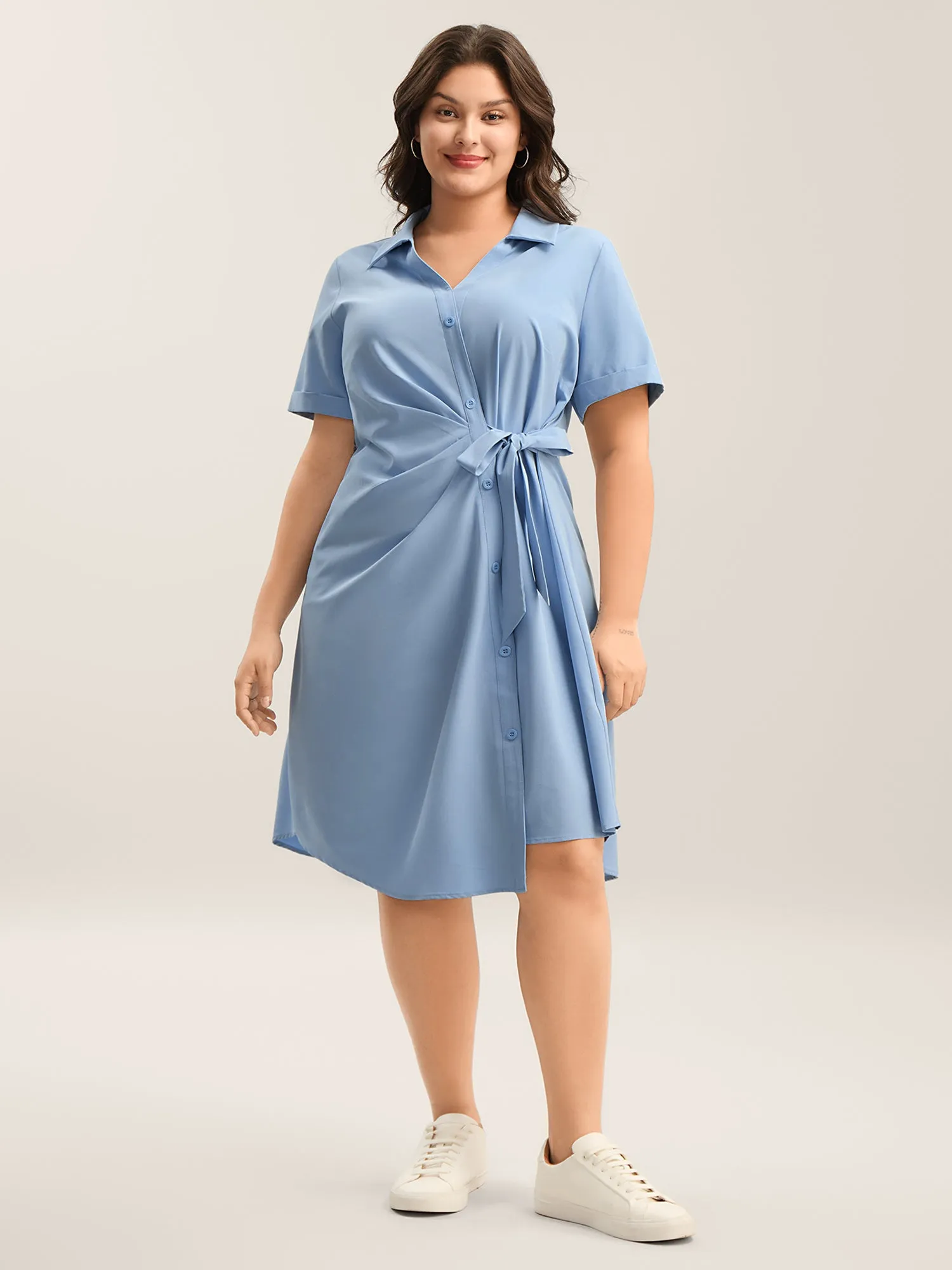 Woven Knotted Solid Shirt Dress sold by Bloomchic