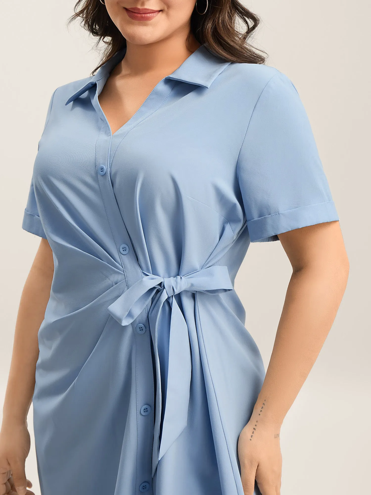 Woven Knotted Solid Shirt Dress sold by Bloomchic product image thumbnail 2