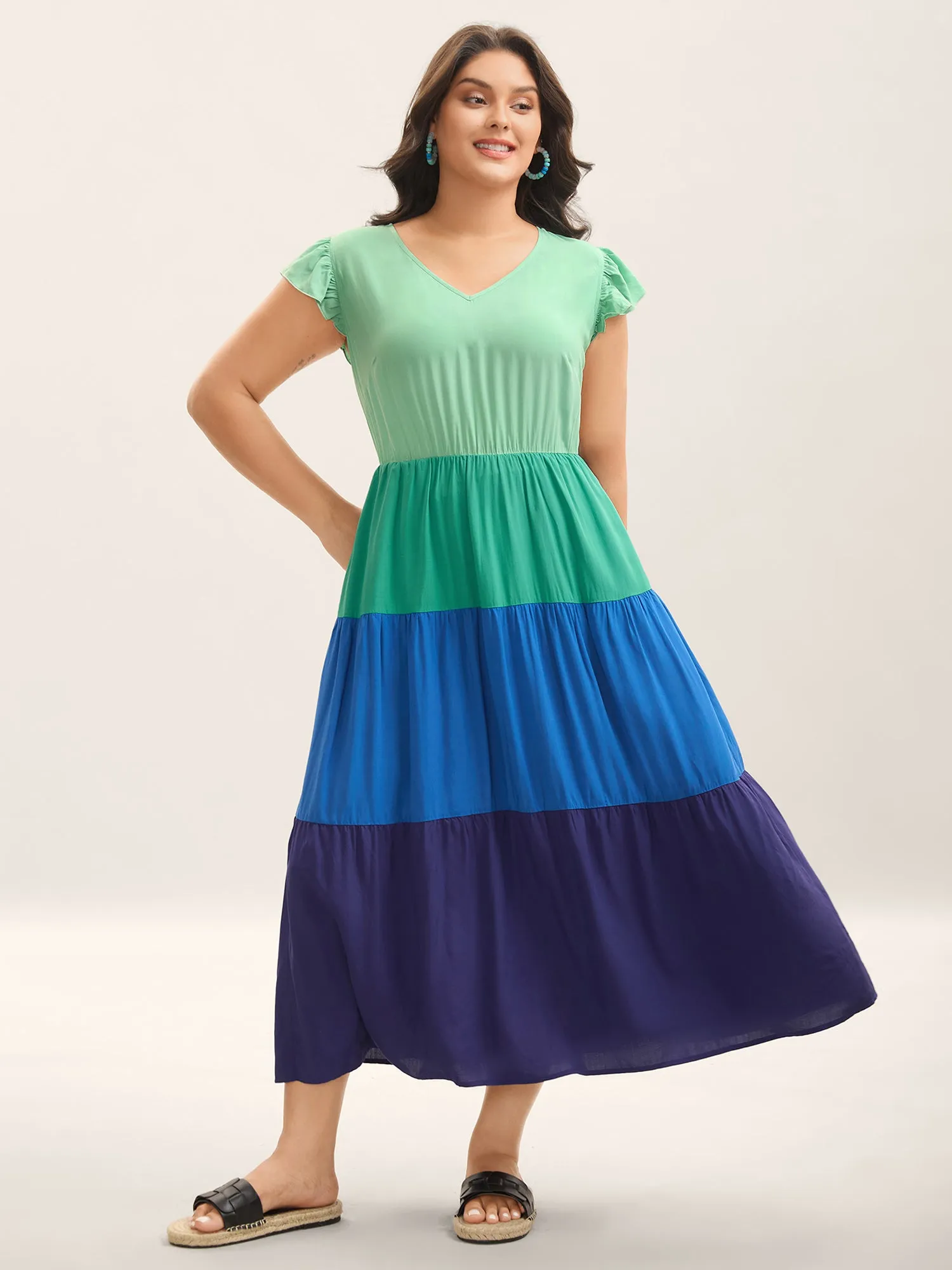 Color Block Flutter Sleeve Pockets Midi Dress sold by Bloomchic
