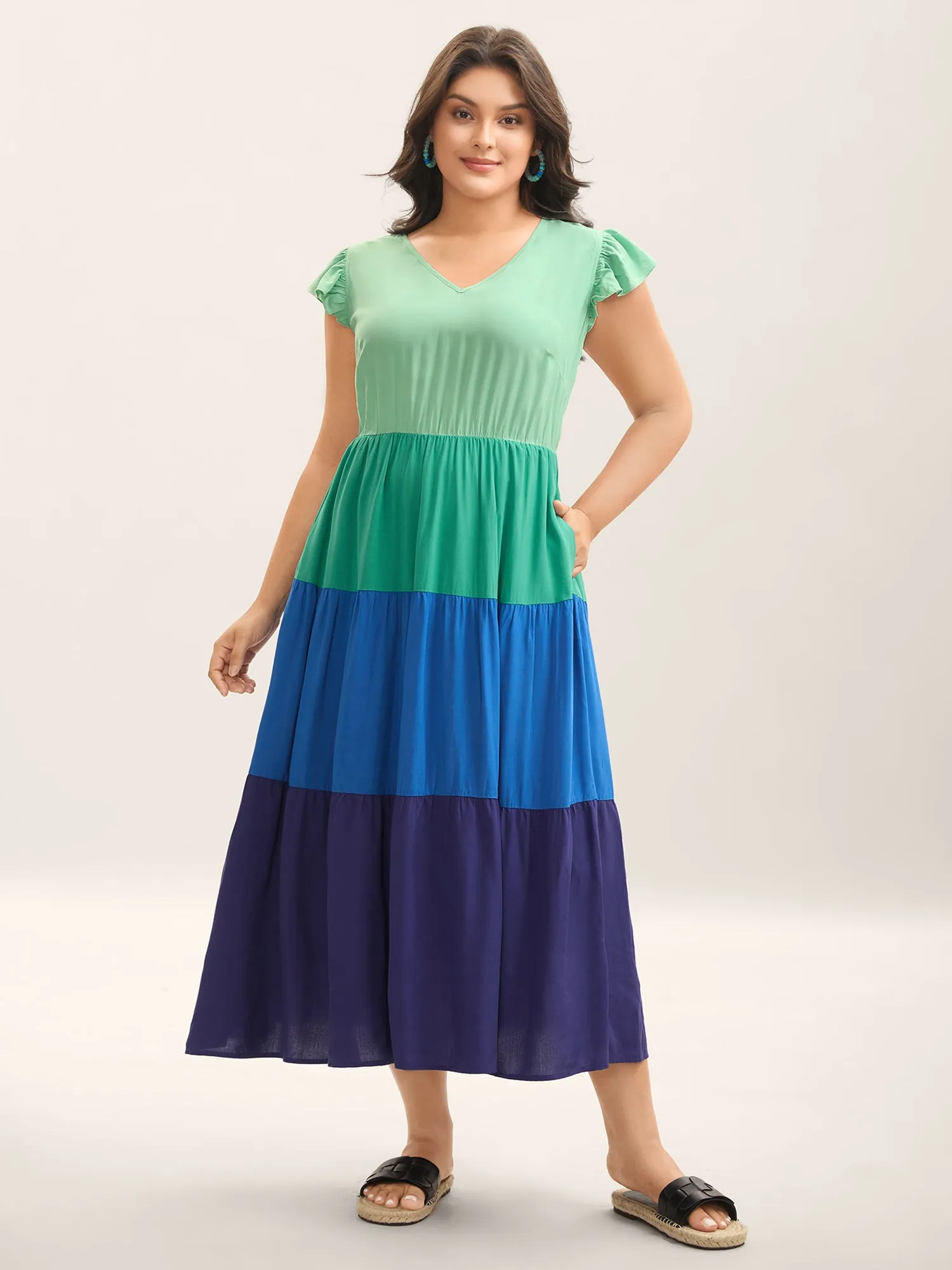 Color Block Flutter Sleeve Pockets Midi Dress sold by Bloomchic product image thumbnail 3