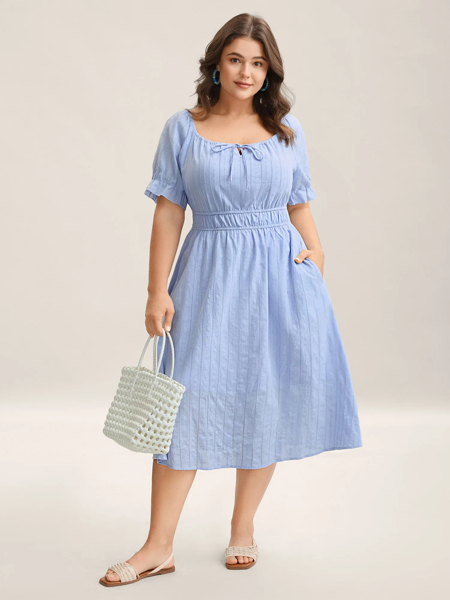 Cotton Textured Neck-Tie Pockets Midi Dress sold by Bloomchic