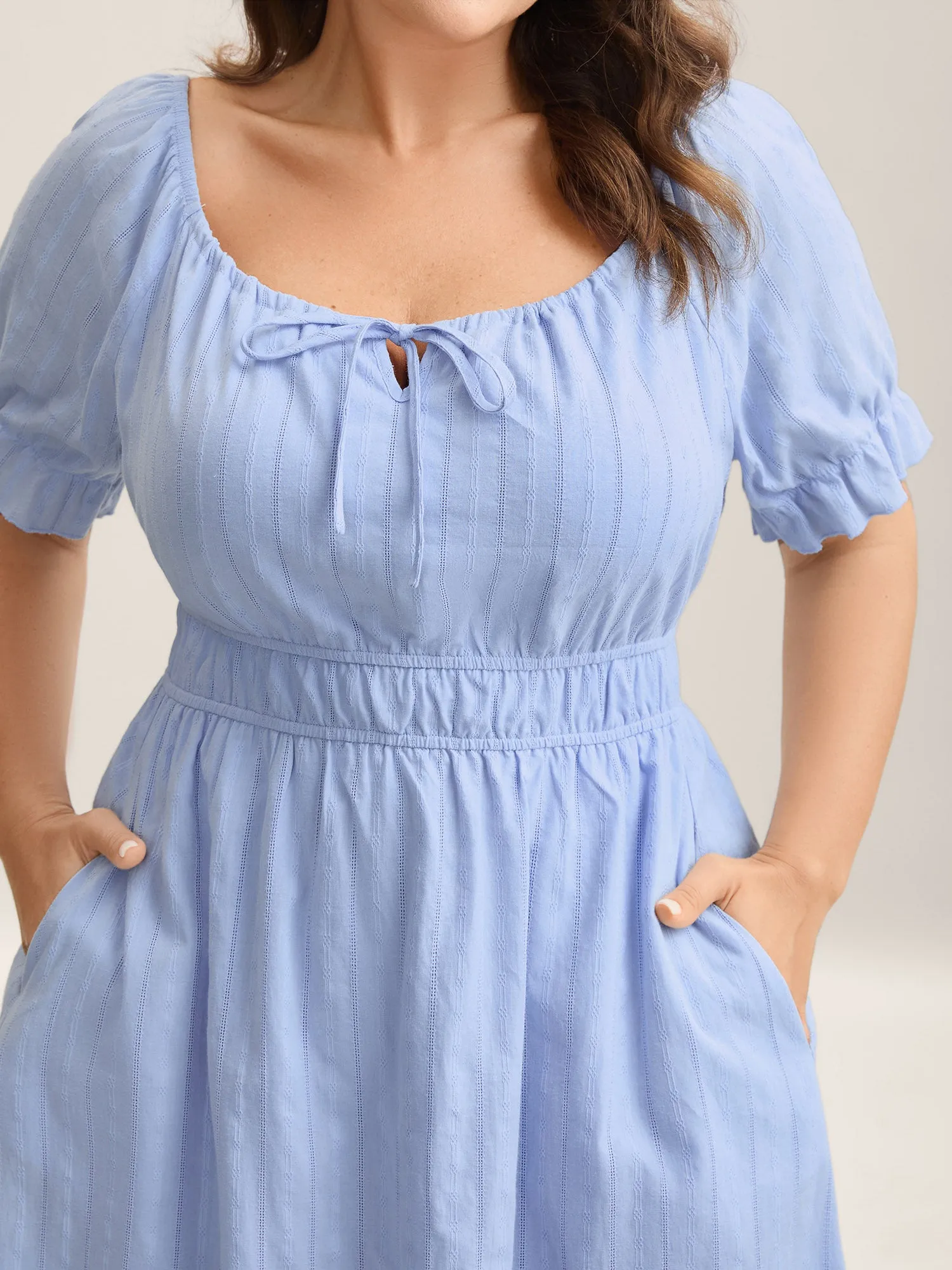 Cotton Textured Neck-Tie Pockets Midi Dress sold by Bloomchic product image thumbnail 2