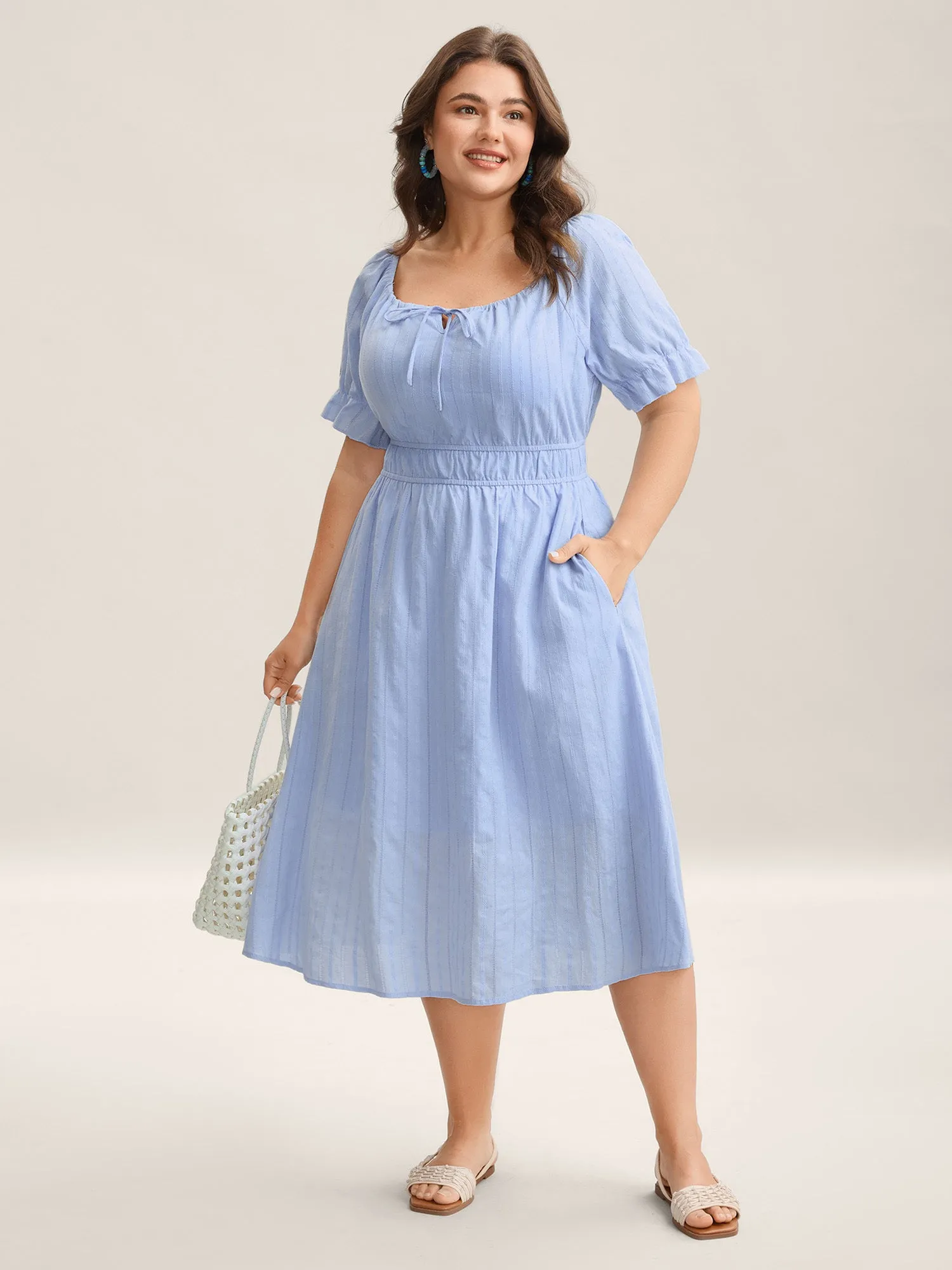 Cotton Textured Neck-Tie Pockets Midi Dress sold by Bloomchic product image thumbnail 3