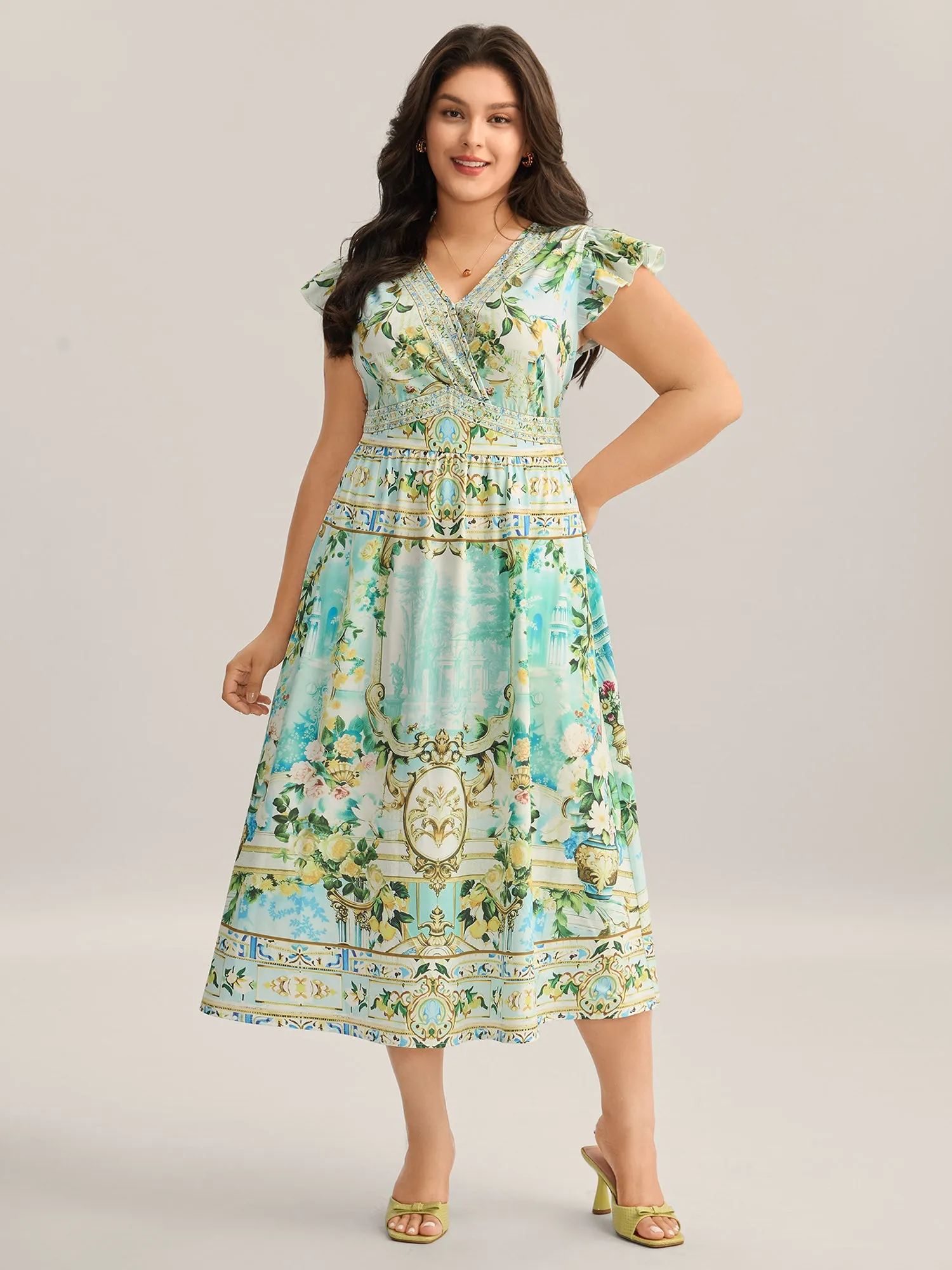 Breezy Print Surplice Neck Ruffled Midi Dress sold by Bloomchic