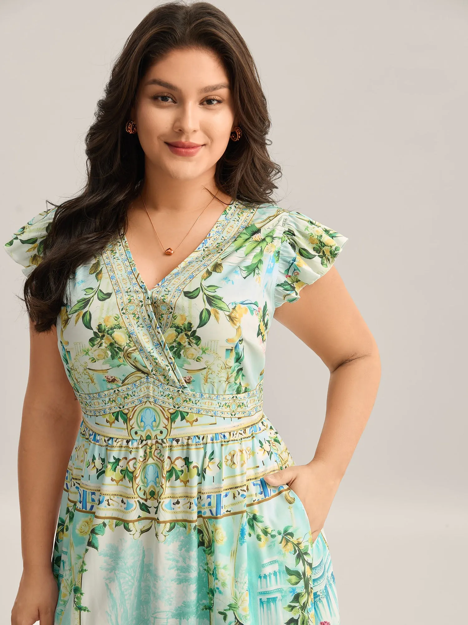 Breezy Print Surplice Neck Ruffled Midi Dress sold by Bloomchic product image thumbnail 2