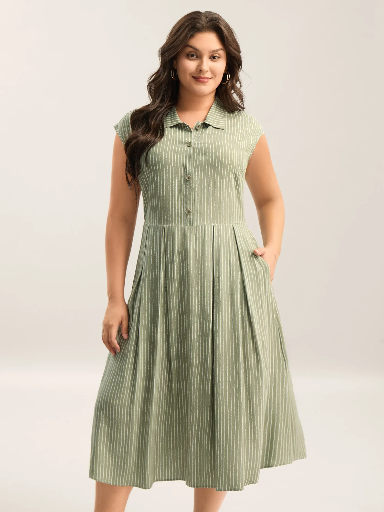 Stripe Print Button Detail Collar Midi Dress sold by Bloomchic