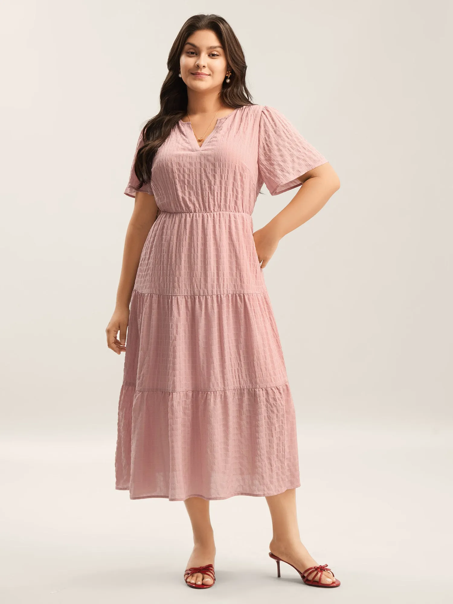 Textured A-Line Split Neck Tiered Midi Dress sold by Bloomchic product image thumbnail 3