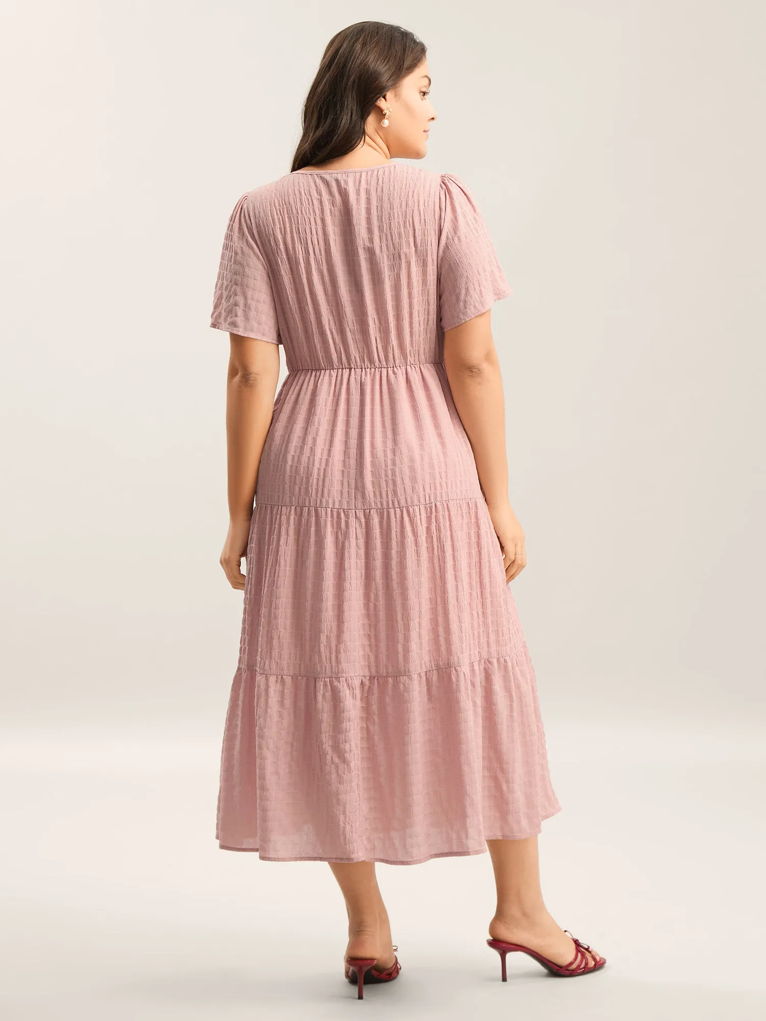 Textured A-Line Split Neck Tiered Midi Dress sold by Bloomchic product image thumbnail 4