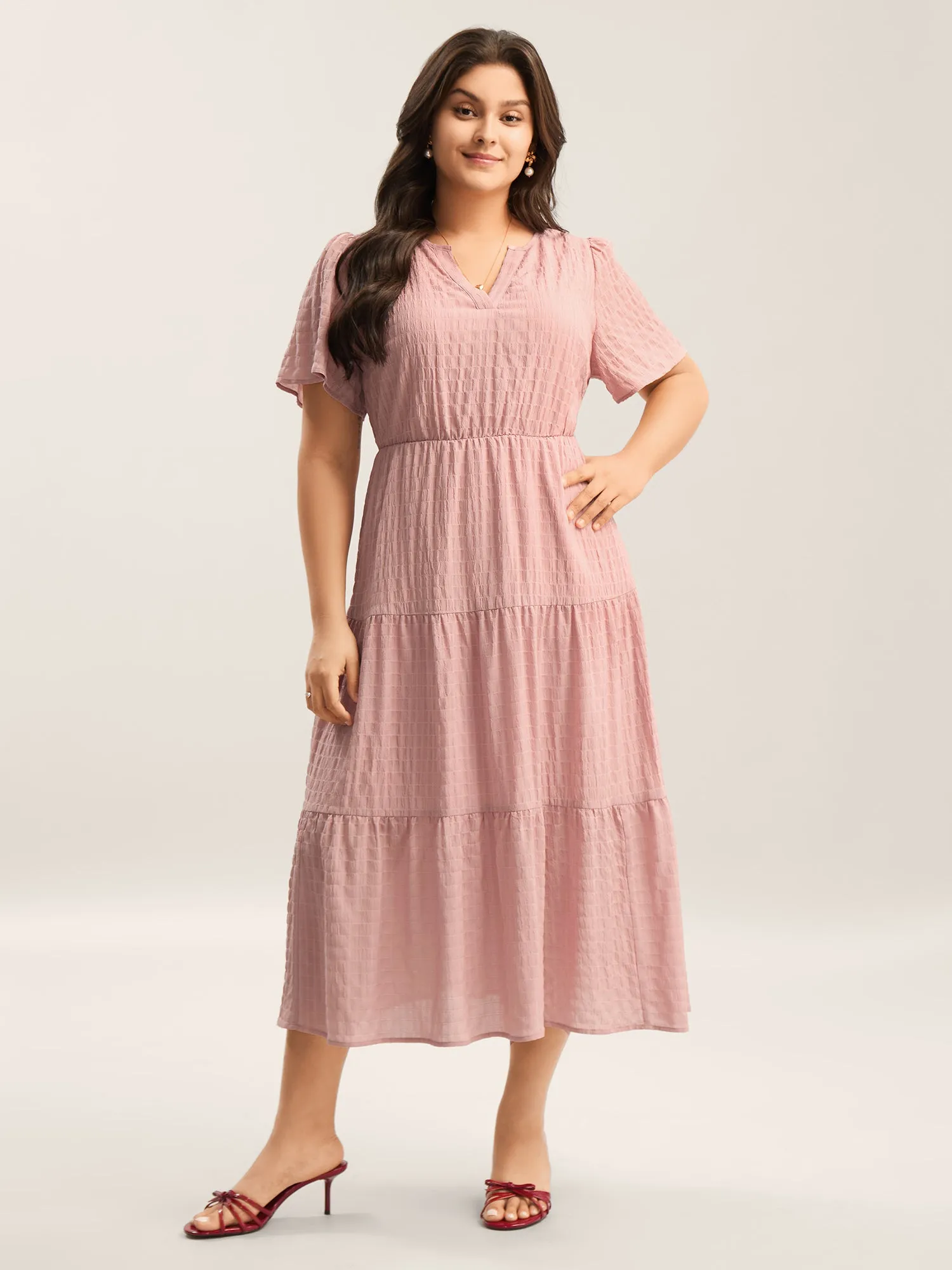Textured A-Line Split Neck Tiered Midi Dress sold by Bloomchic