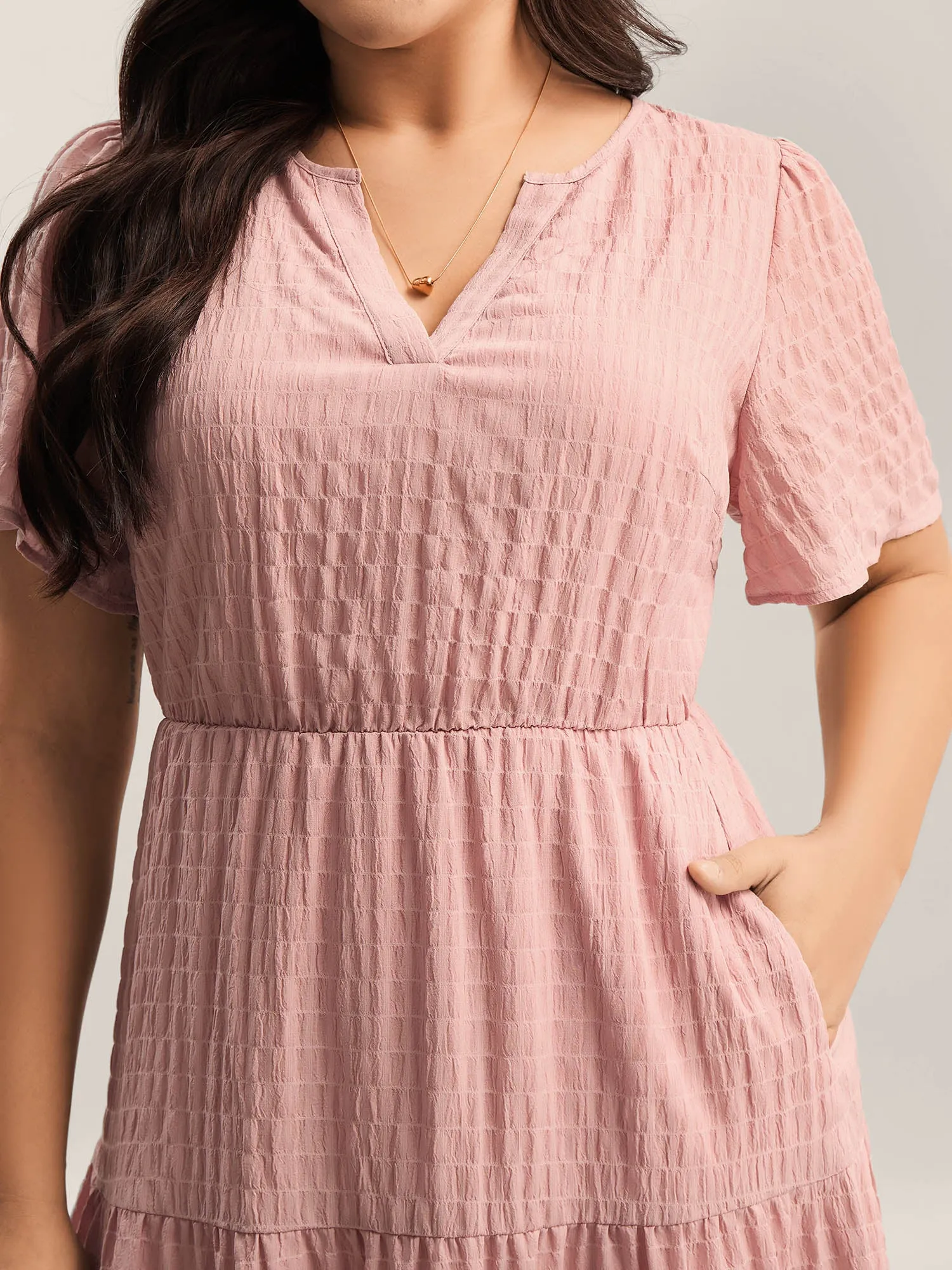 Textured A-Line Split Neck Tiered Midi Dress sold by Bloomchic product image thumbnail 2