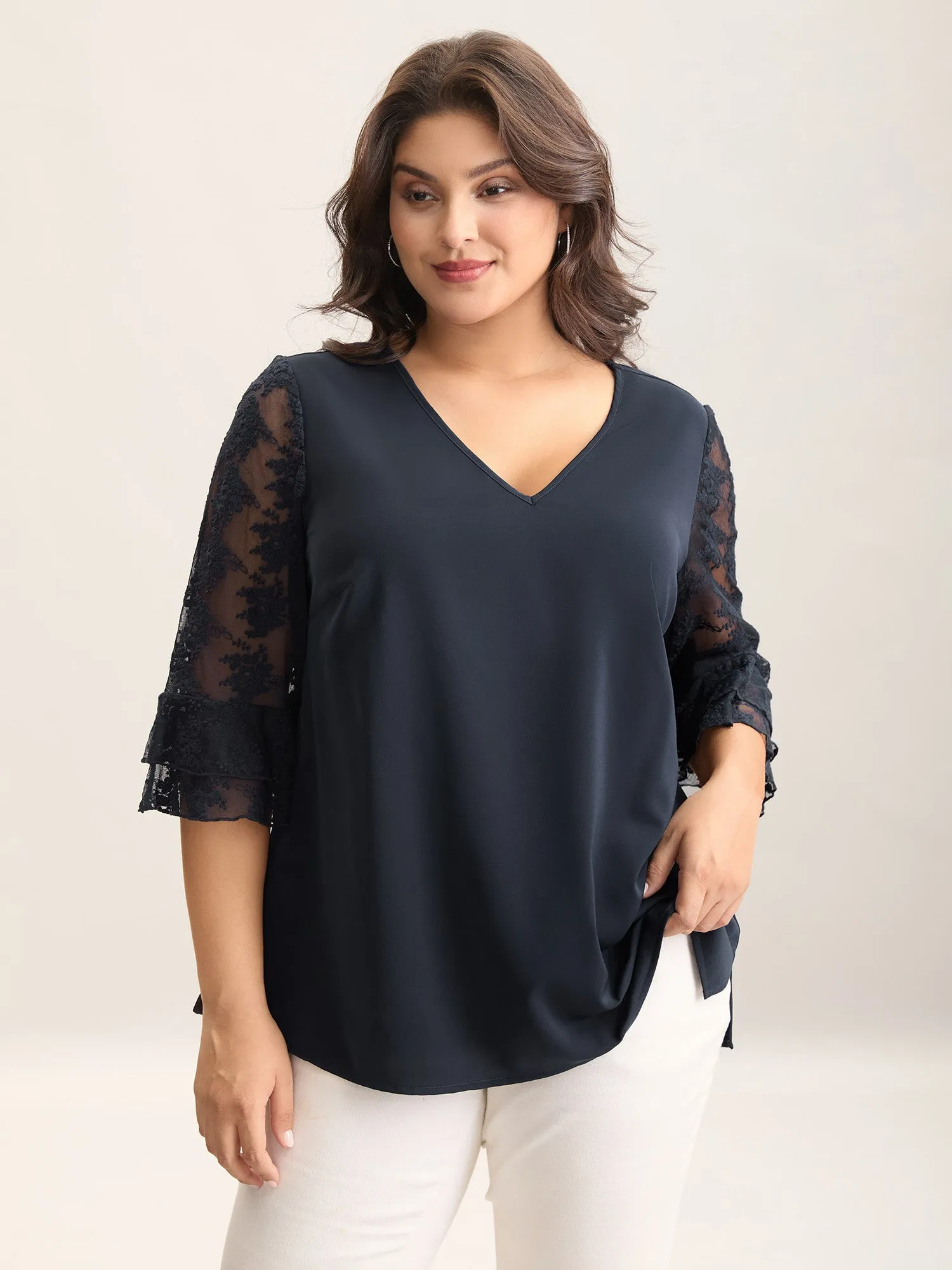 Sheer Textured Sleeve V-Neck Blouse sold by Bloomchic