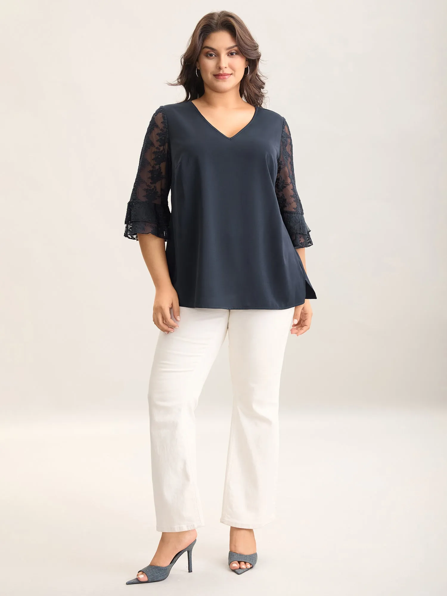 Sheer Textured Sleeve V-Neck Blouse sold by Bloomchic product image thumbnail 3