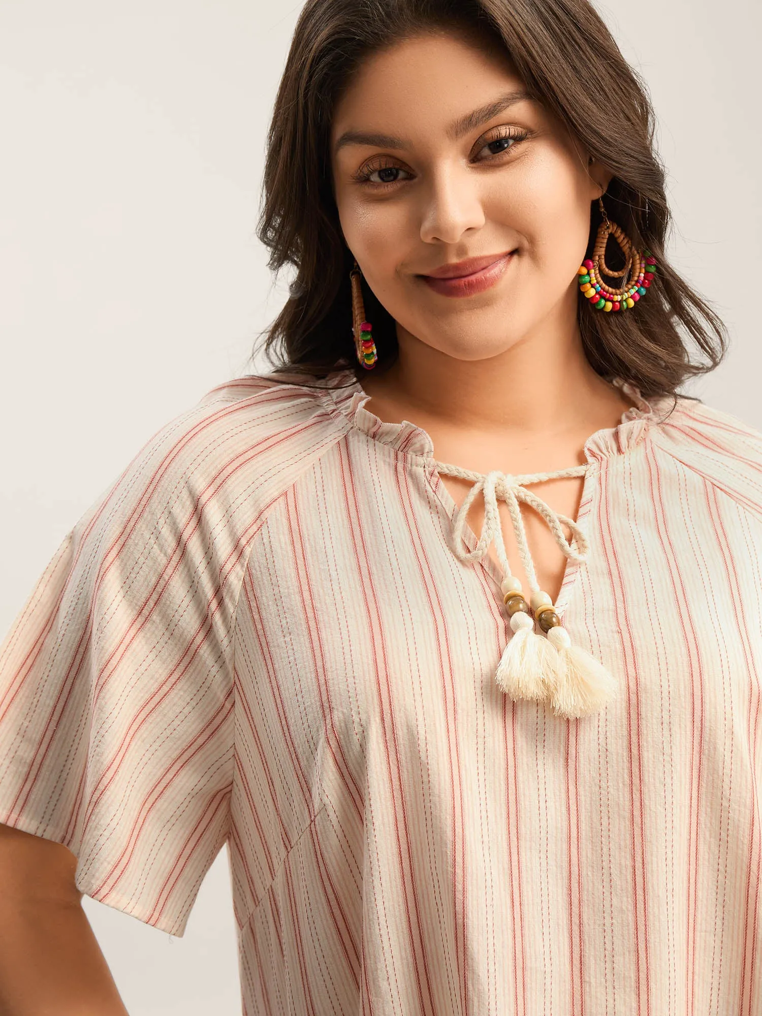 Cotton Stripes Print Neck Tassels Flowy Blouse sold by Bloomchic