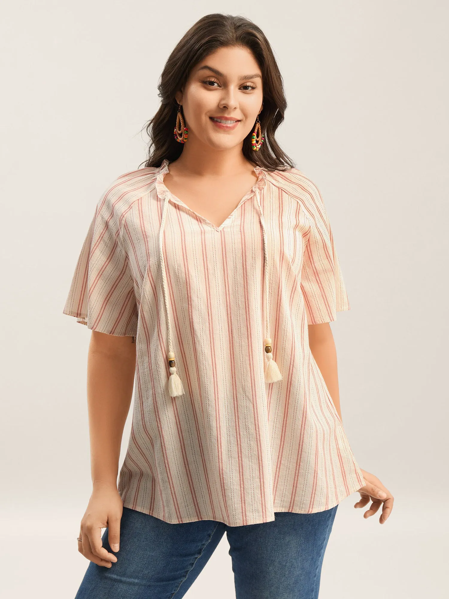 Cotton Stripes Print Neck Tassels Flowy Blouse sold by Bloomchic product image thumbnail 2