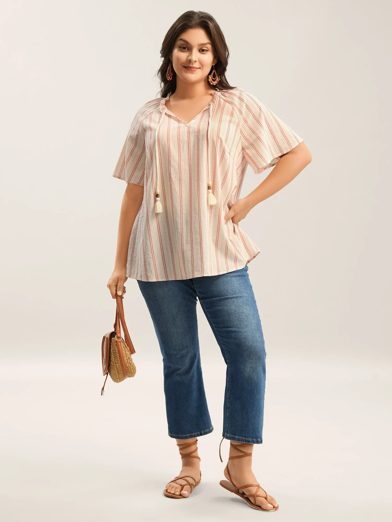 Cotton Stripes Print Neck Tassels Flowy Blouse sold by Bloomchic product image thumbnail 3