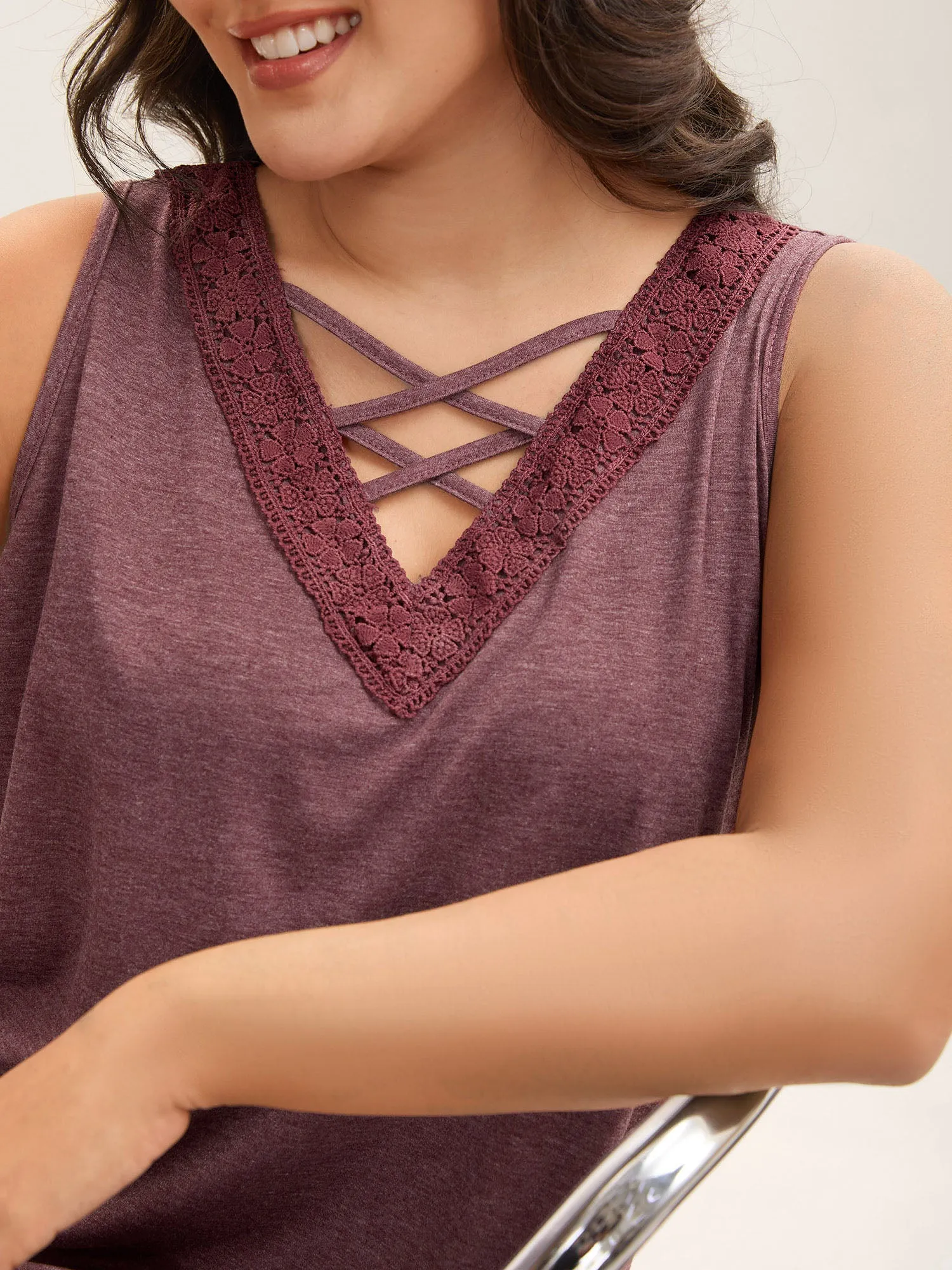 Neck Tie-Up Lace Spliced Tank Top sold by Bloomchic