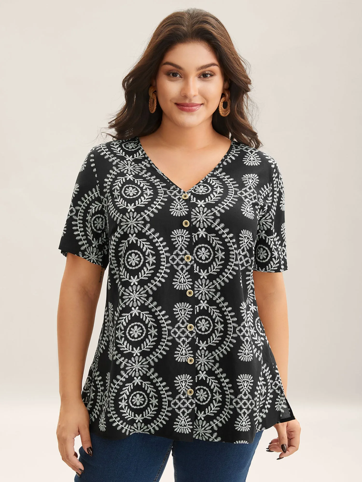 Boho Print Button Placket Blouse sold by Bloomchic