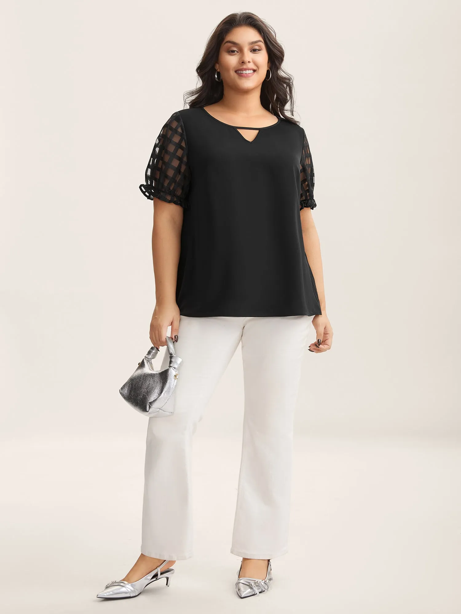 Sheer Grid Neck Keyhole Blouse sold by Bloomchic product image thumbnail 4